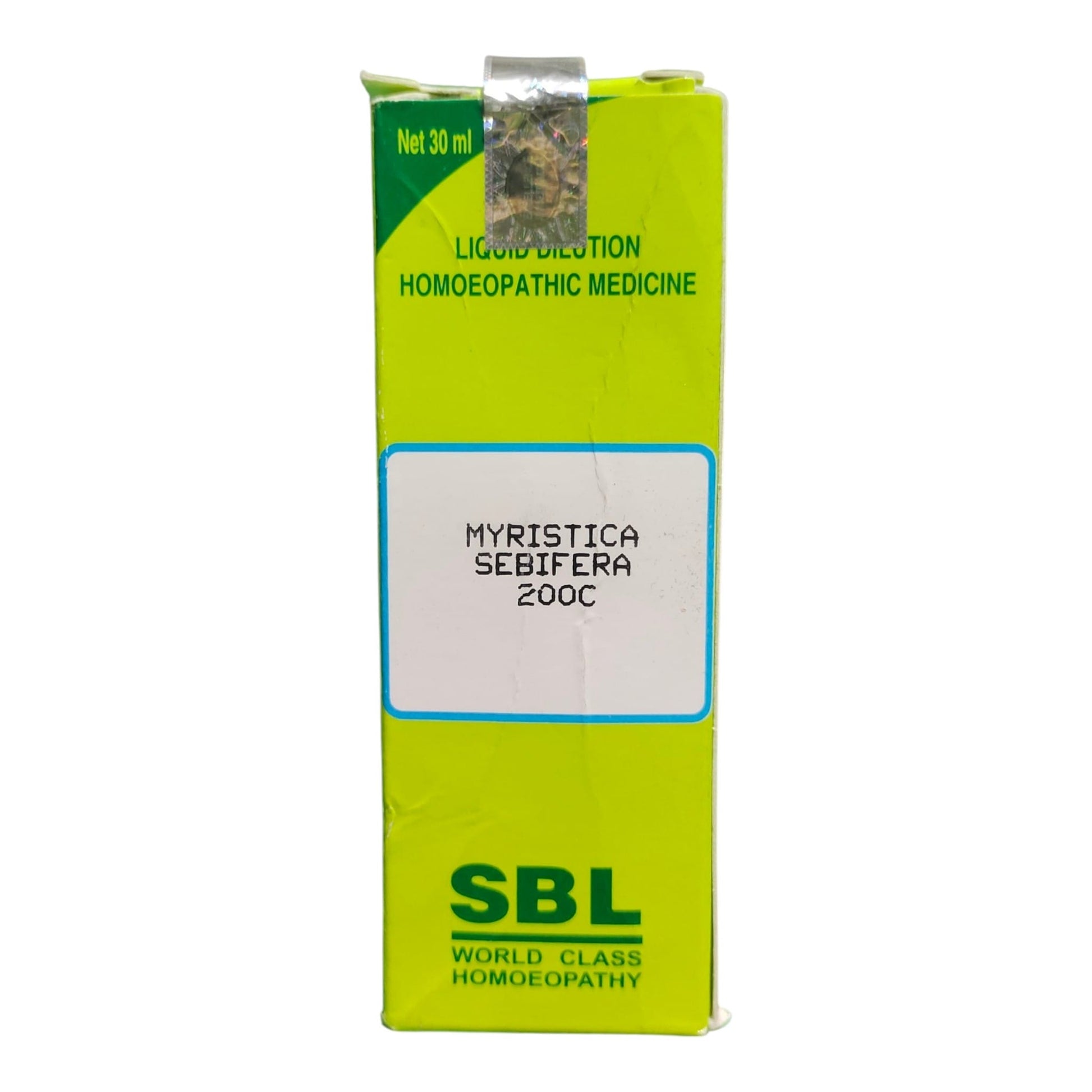 A 30 ml box of SBL World Class Homoeopathy 'Myristica Sebifera 200C' liquid infusion medicine, featuring a bright lime green box with a white label in the center.