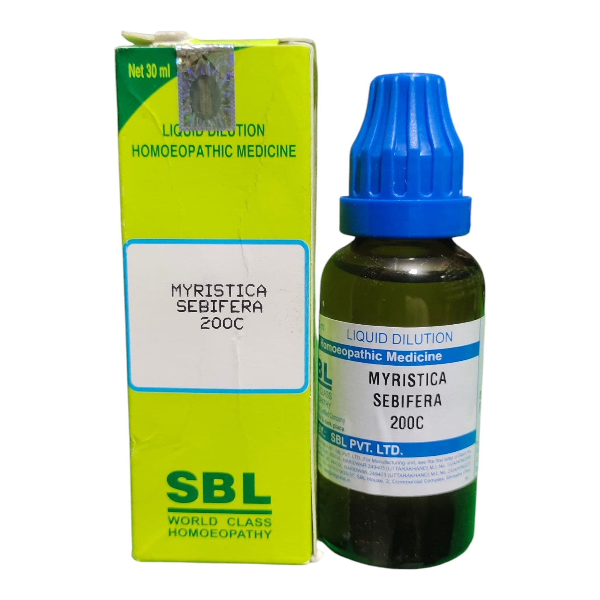 A bottle of SBL World Class Homeopathy Liquid Dilution Myristica Sebifera 200C next to its lime green and white cardboard packaging box, on a plain white background.