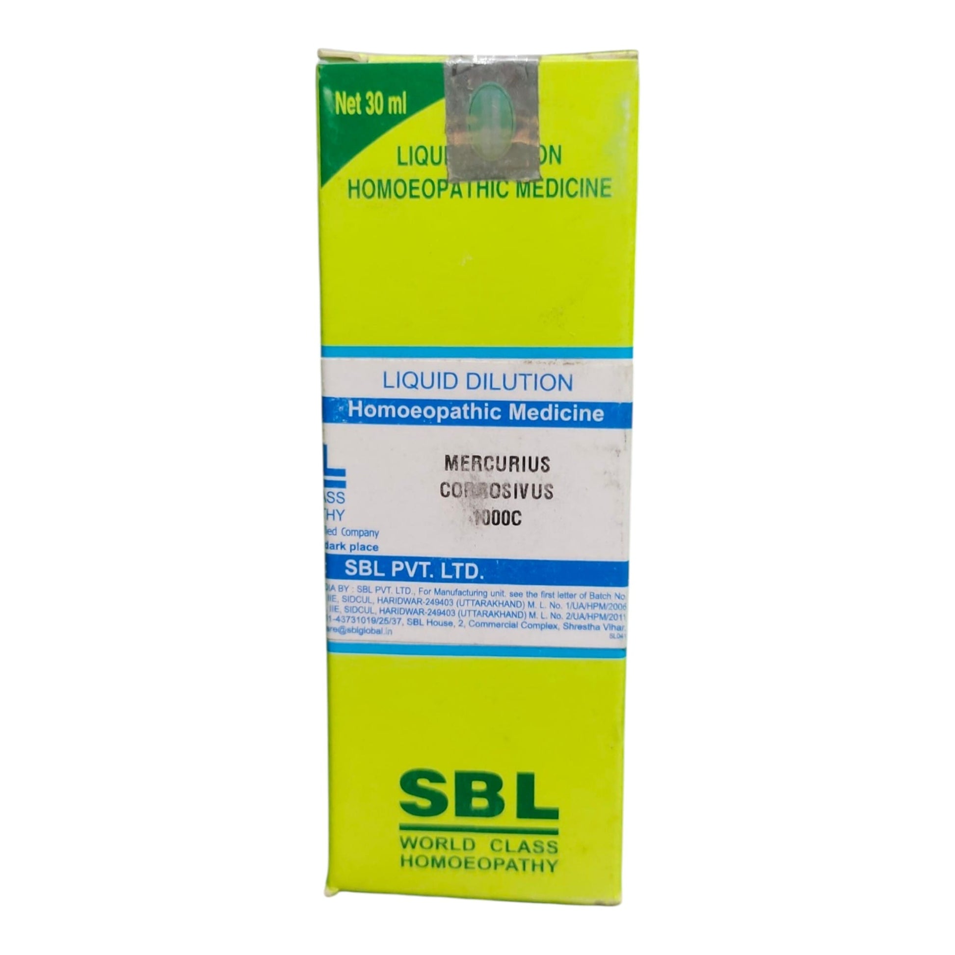 A 30 ml box of SBL World Class Homoeopathy Liquid Dilution Homoeopathic Medicine, Mercurius Corrosivus 1000C, featuring a bright lime green and white design with blue accents.
