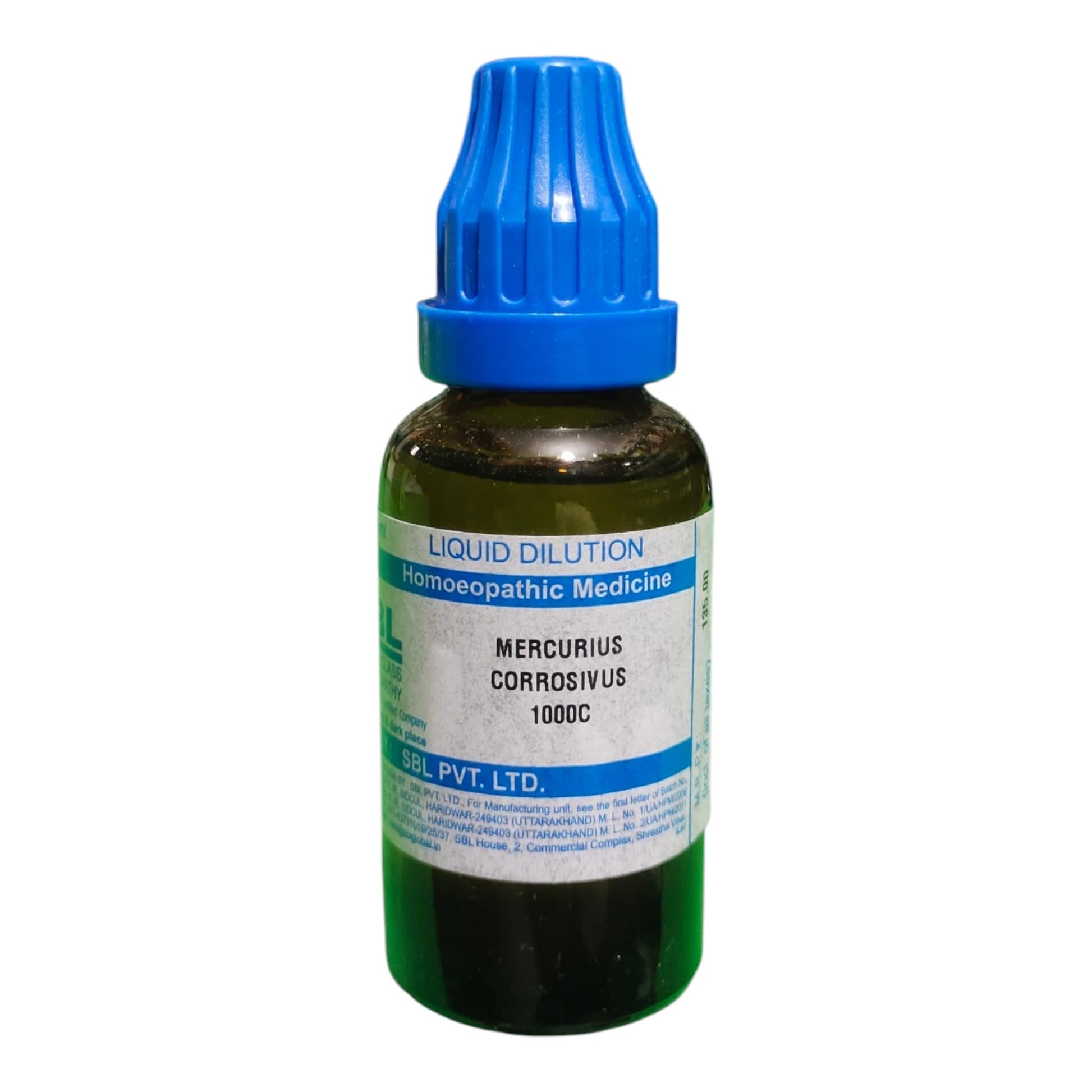 A small amber glass dropper bottle of liquid dilution homeopathic medicine with a blue ribbed cap and a white label reading 'Mercurius Corrosivus 1000G' by Gel Pvt. Ltd.