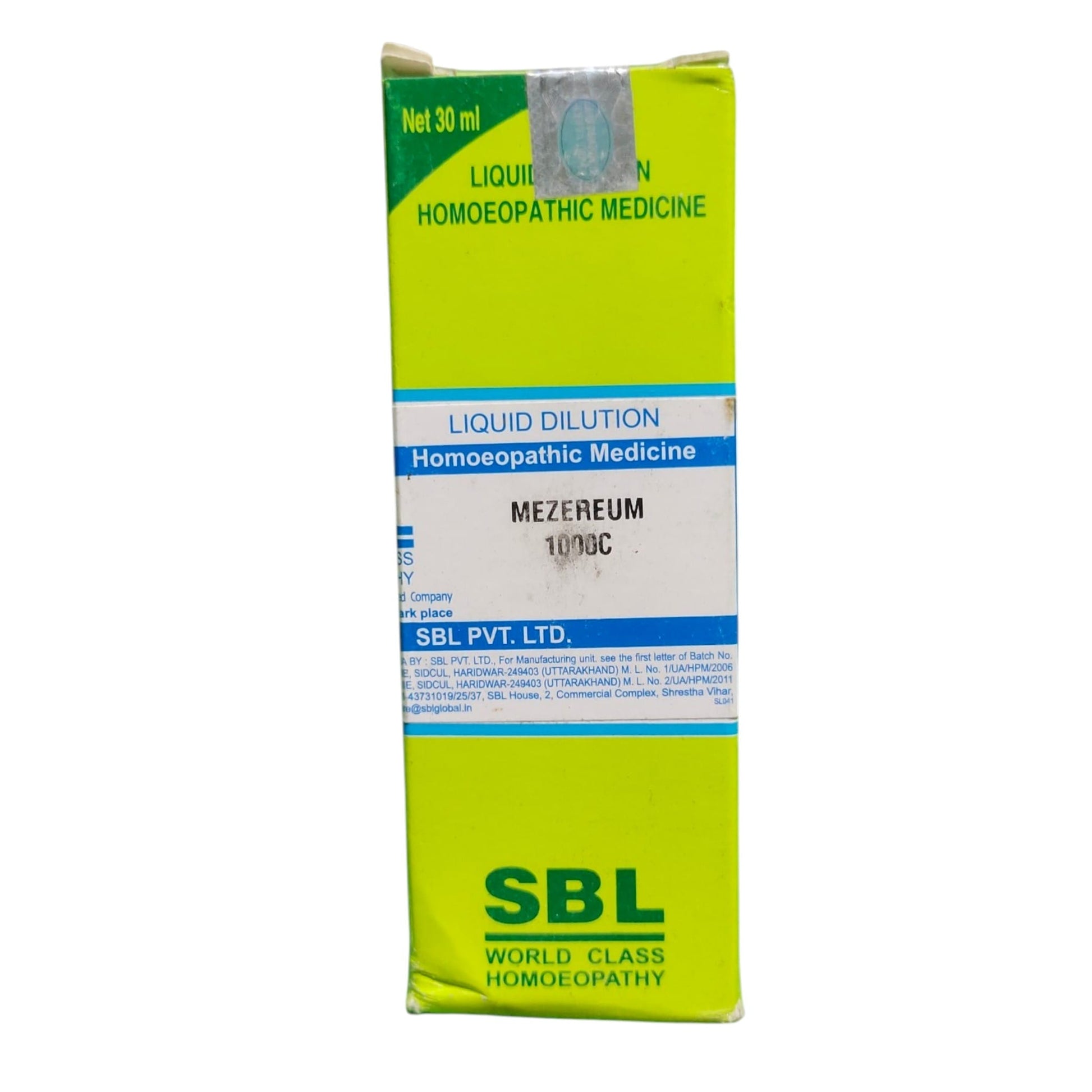 A 30 ml box of SBL Homeopathic Medicine, Mezereum, featuring a bright lime green and white design with blue accents.
