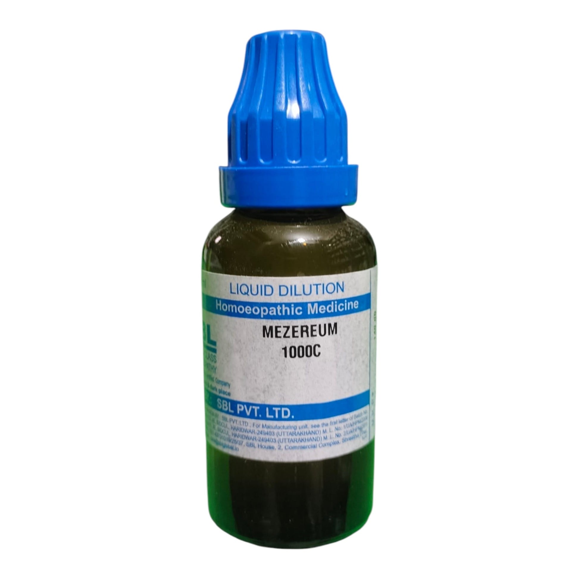 A small amber glass dropper bottle of Mezereum 1000C liquid dilution homeopathic medicine, featuring a blue ribbed cap and a white label with blue text, set against a plain white background.