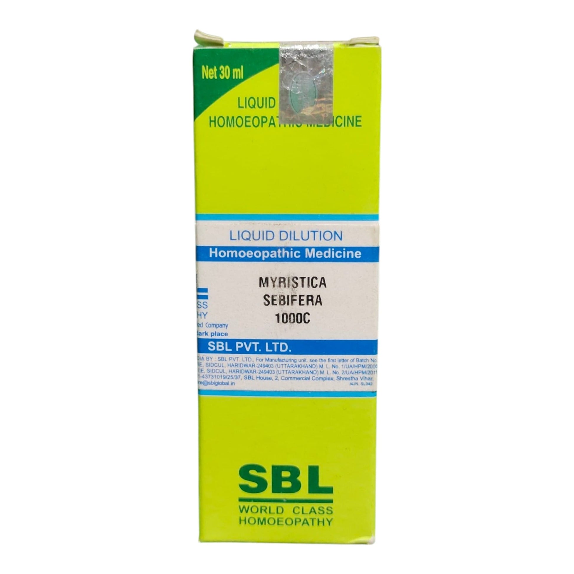 A 30 ml box of SBL World Class Homeopathy Liquid Dilution Homoeopathic Medicine (Myristica Sebibera) on a plain white background.