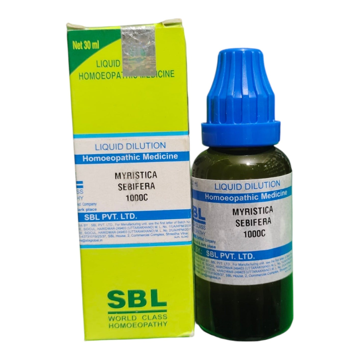 A bottle of SBL Homeopathy Liquid Dilution Myristica Sebifera 1000C next to its lime green and white packaging box, on a plain white background.