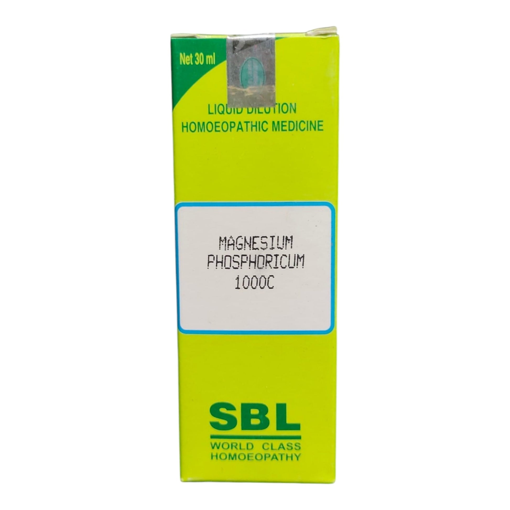 A bright lime green box of SBL Magnesium Phosphoricum 1000C liquid dilution homeopathic medicine, shown against a plain white background.