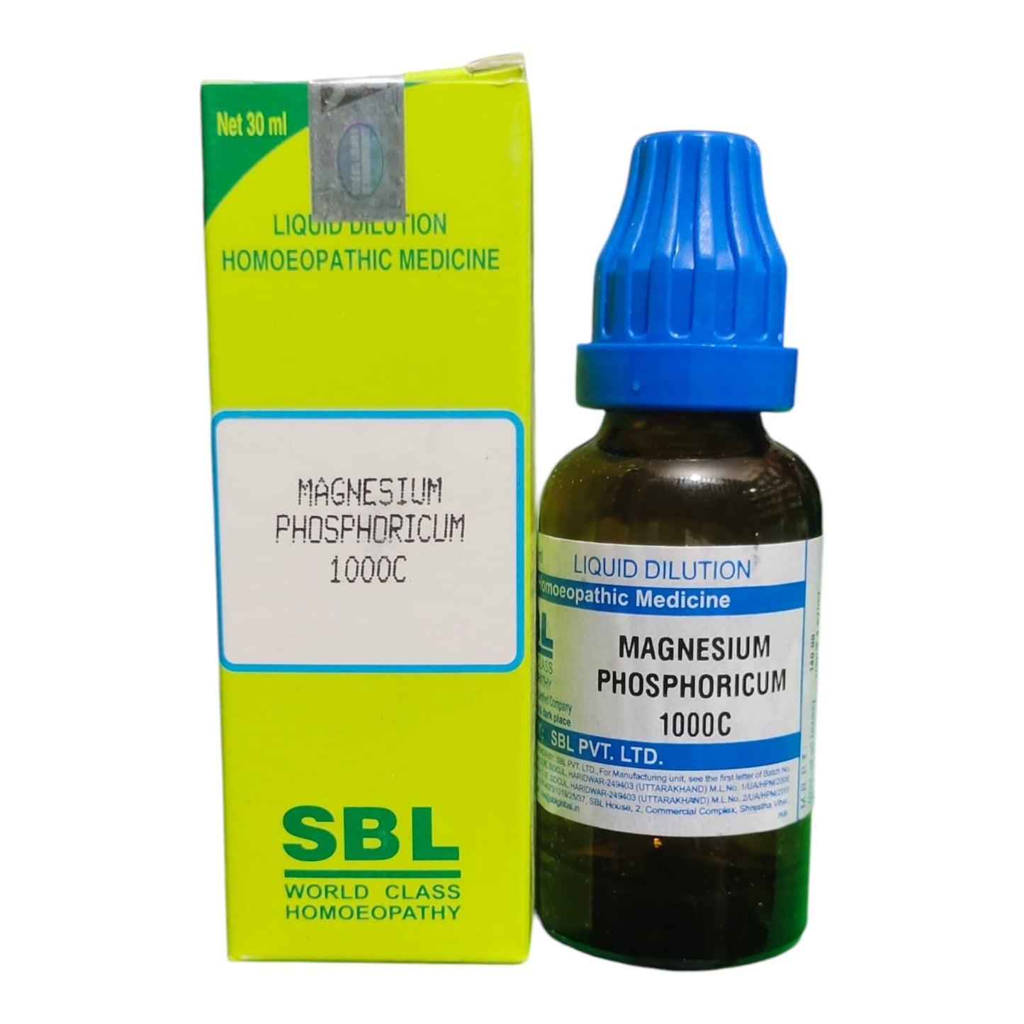 SBL World Class Homeopathy Magnesium Phosphoricum 1000C liquid dilution medicine shown with its lime green box and dark amber glass dropper bottle with a blue cap on a white background.