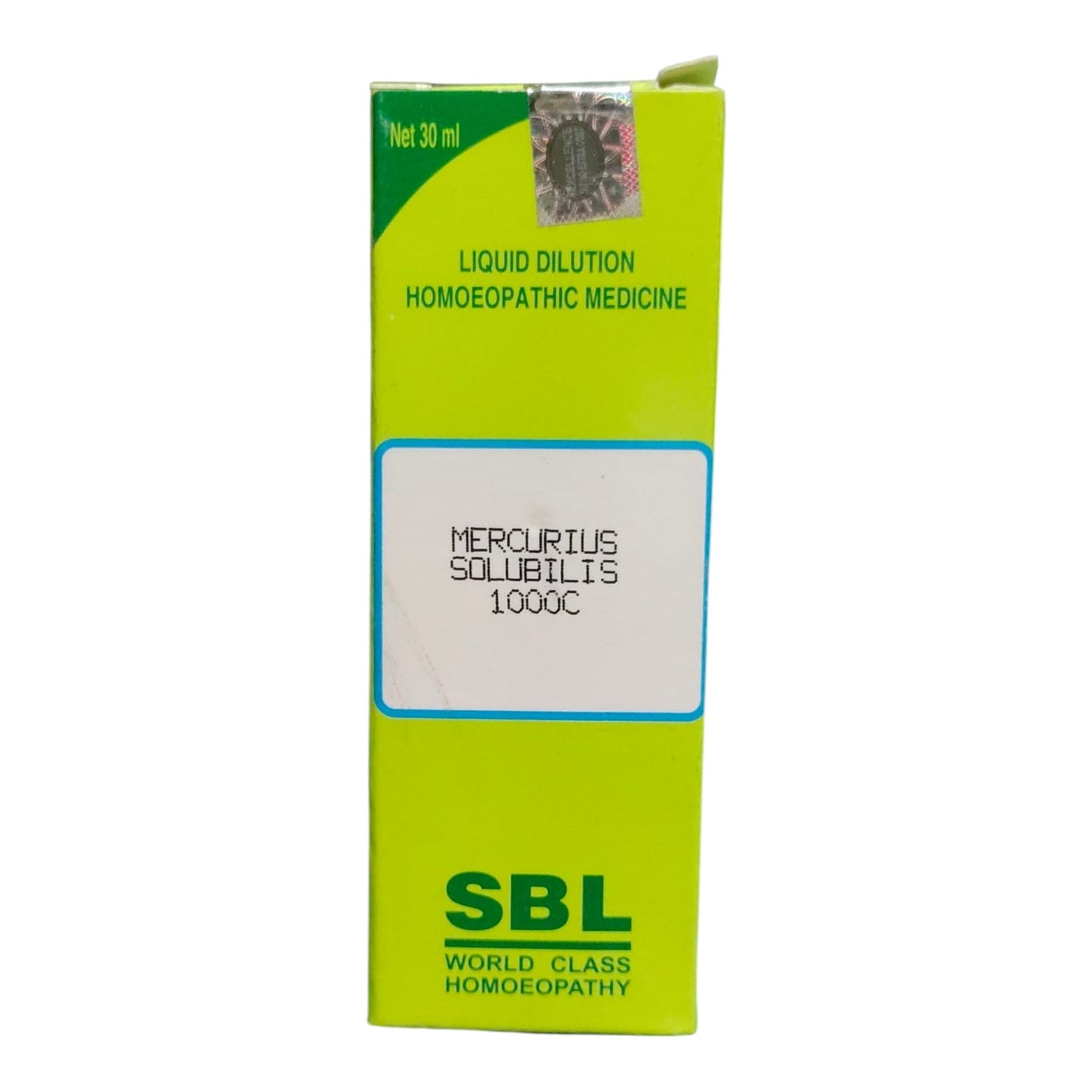 A 30 ml box of SBL Mercurius Solubilis 1000C liquid dilution homeopathic medicine, featuring a bright lime green and white design with green text.