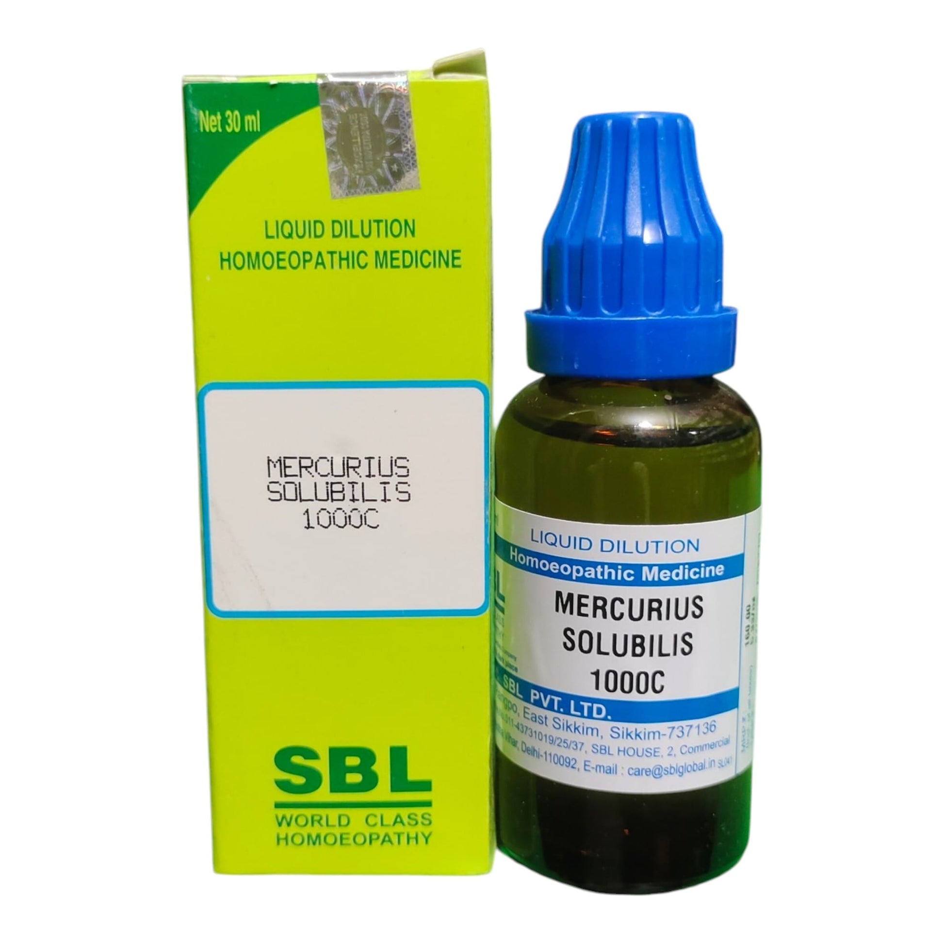A bottle of SBL Mercurius Solubilis 1000C homeopathic liquid medicine next to its lime green and white cardboard packaging box, on a plain white background.