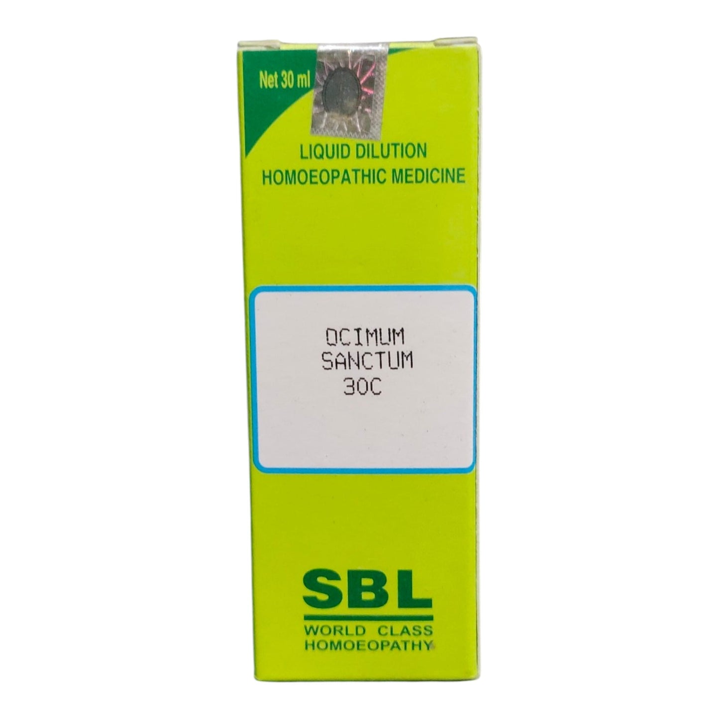 A box of SBL Liquid Dilution Homoeopathic Medicine, Ocimum Sanctum 30C, in a bright lime green packaging with a white label in the center.
