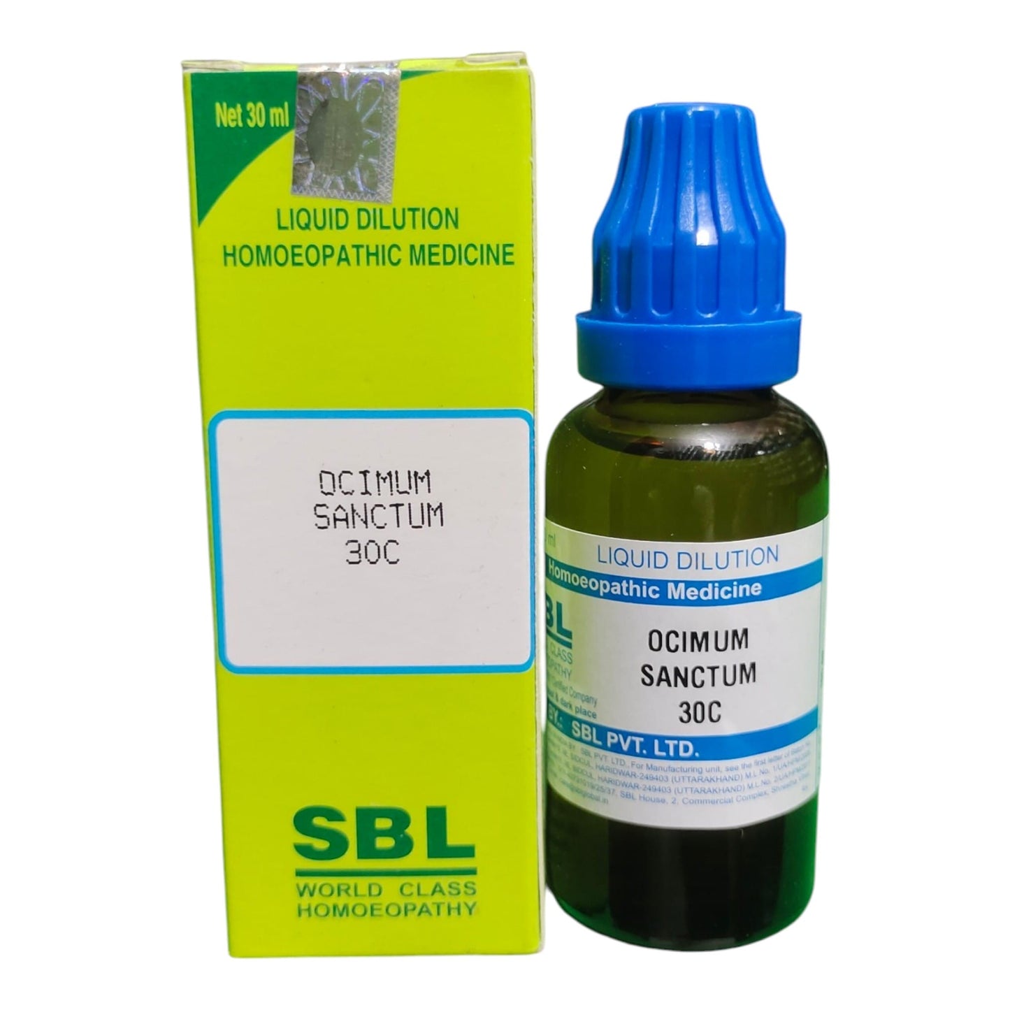 A box of SBL Liquid Dilution Homoeopathic Medicine, Ocimum Sanctum 30C, in a bright lime green packaging with a white label in the center.