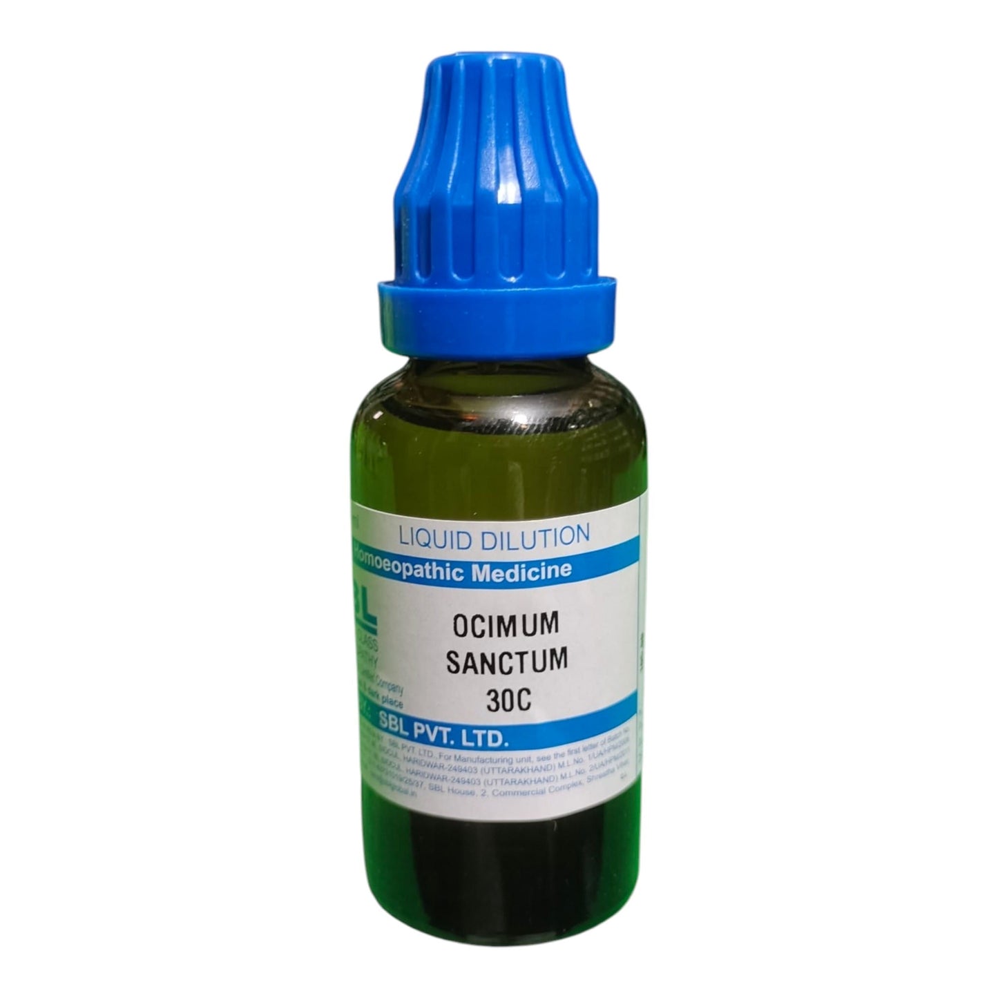 A dark green glass dropper bottle of OCIMUM SANCTUM 30C liquid dilutionopathic medicine by SRH, featuring a blue ribbed dropper cap and a white label with blue text.