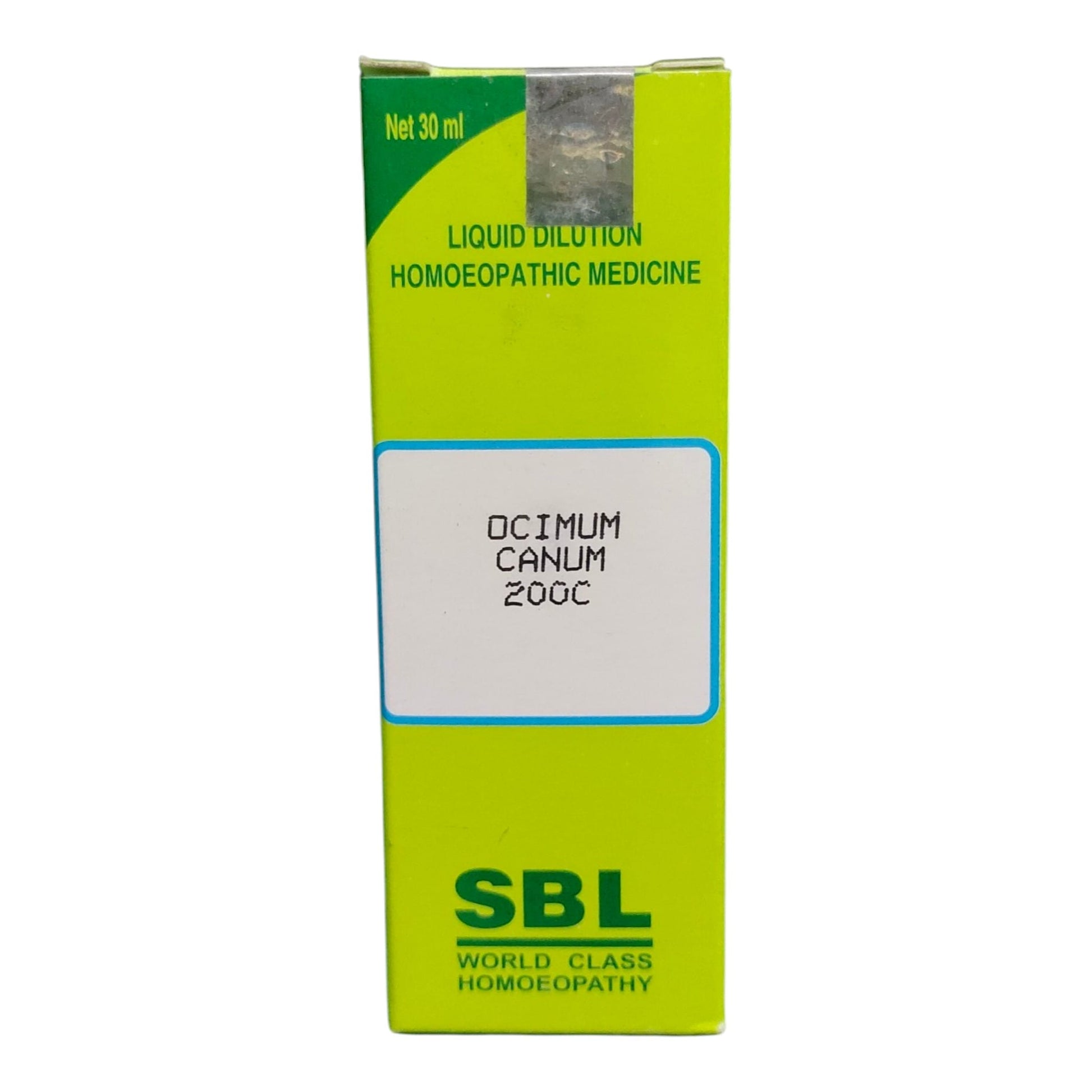 A 30 ml box of SBL Homoeopathy Liquid Dilution Homoeopathic Medicine, specifically Decum Canum 200C, featuring a bright lime green and white design with green text.