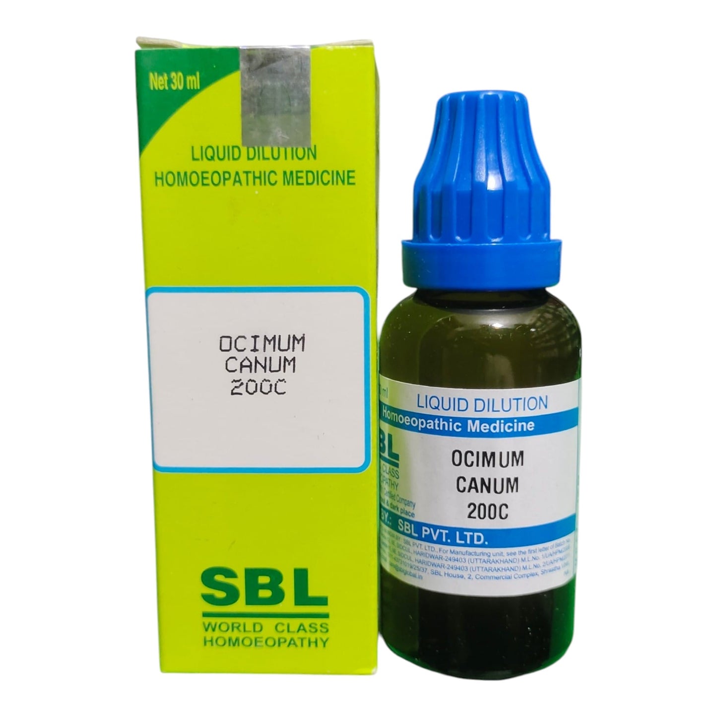A bottle of SBL Liquid Dilution Homeopathic Medicine, Ocimum Canum 200C, next to its lime green and white packaging box on a white background.