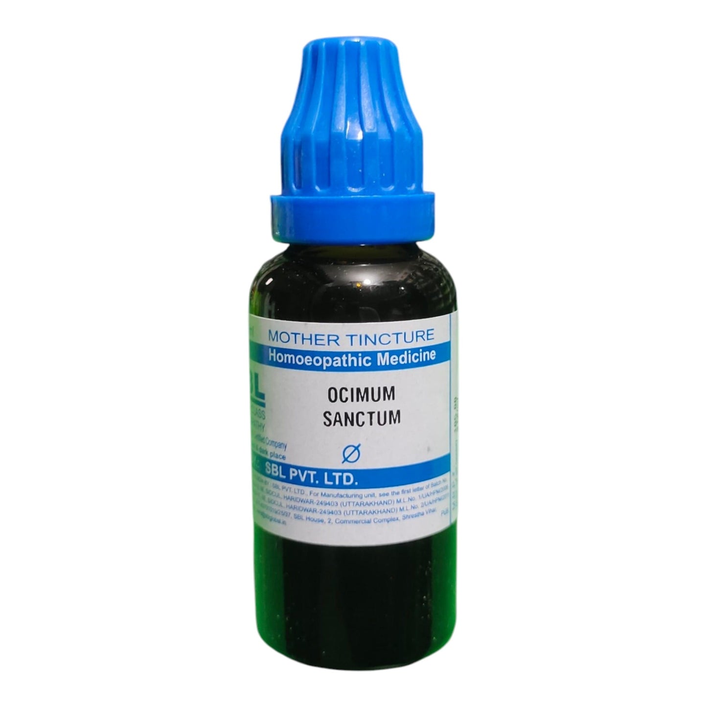 A dark glass bottle of Mother Tincture Homeopathic Medicine, specifically Ocimum Sanctum, featuring a bright blue ribbed cap and a white label with blue text.