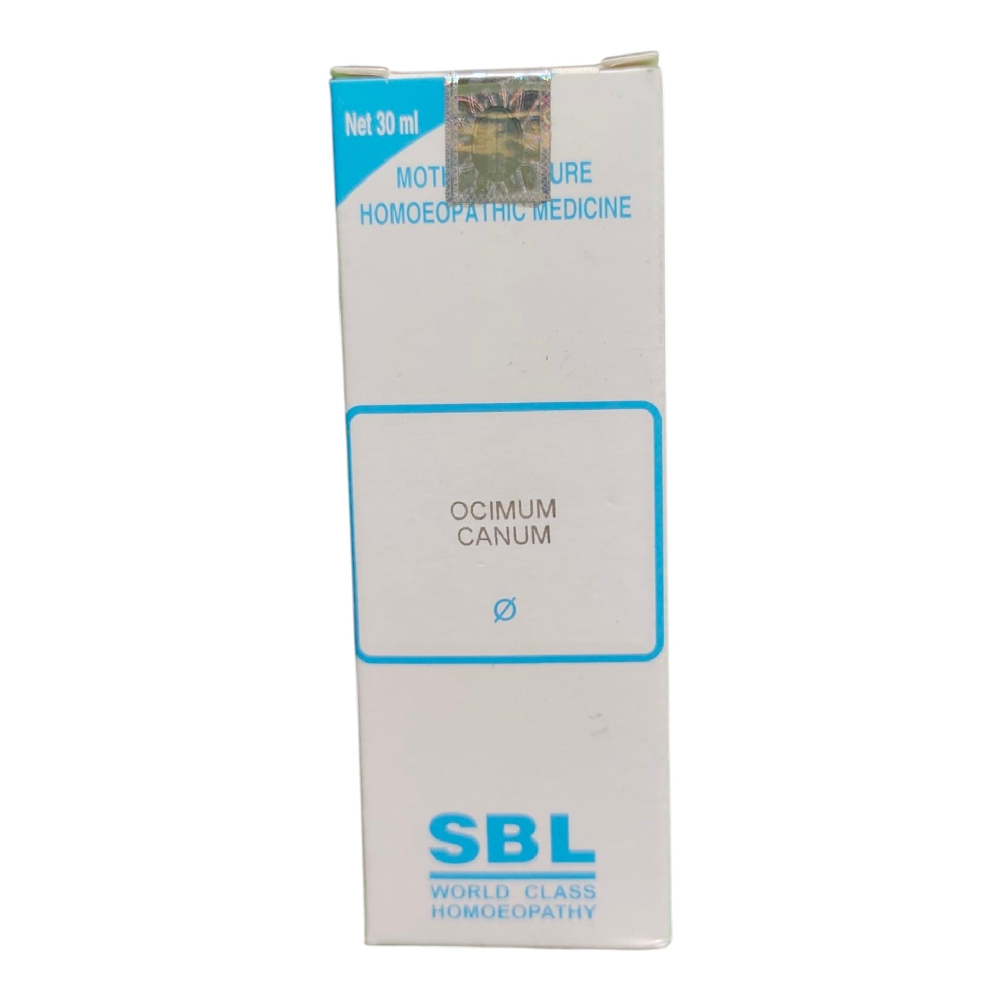 A white rectangular box of SBL Ocimum Canum homeopathic medicine, featuring blue text and a blue border on the front label, set against a plain white background.