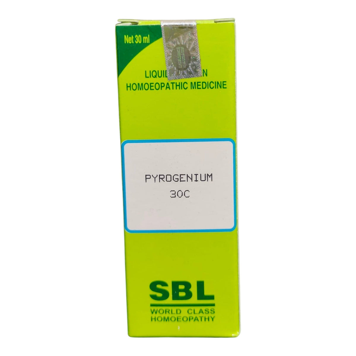 A 30 ml box of SBL Pyrogenium 30C homeopathic medicine, featuring a bright lime green packaging design with a white central label.