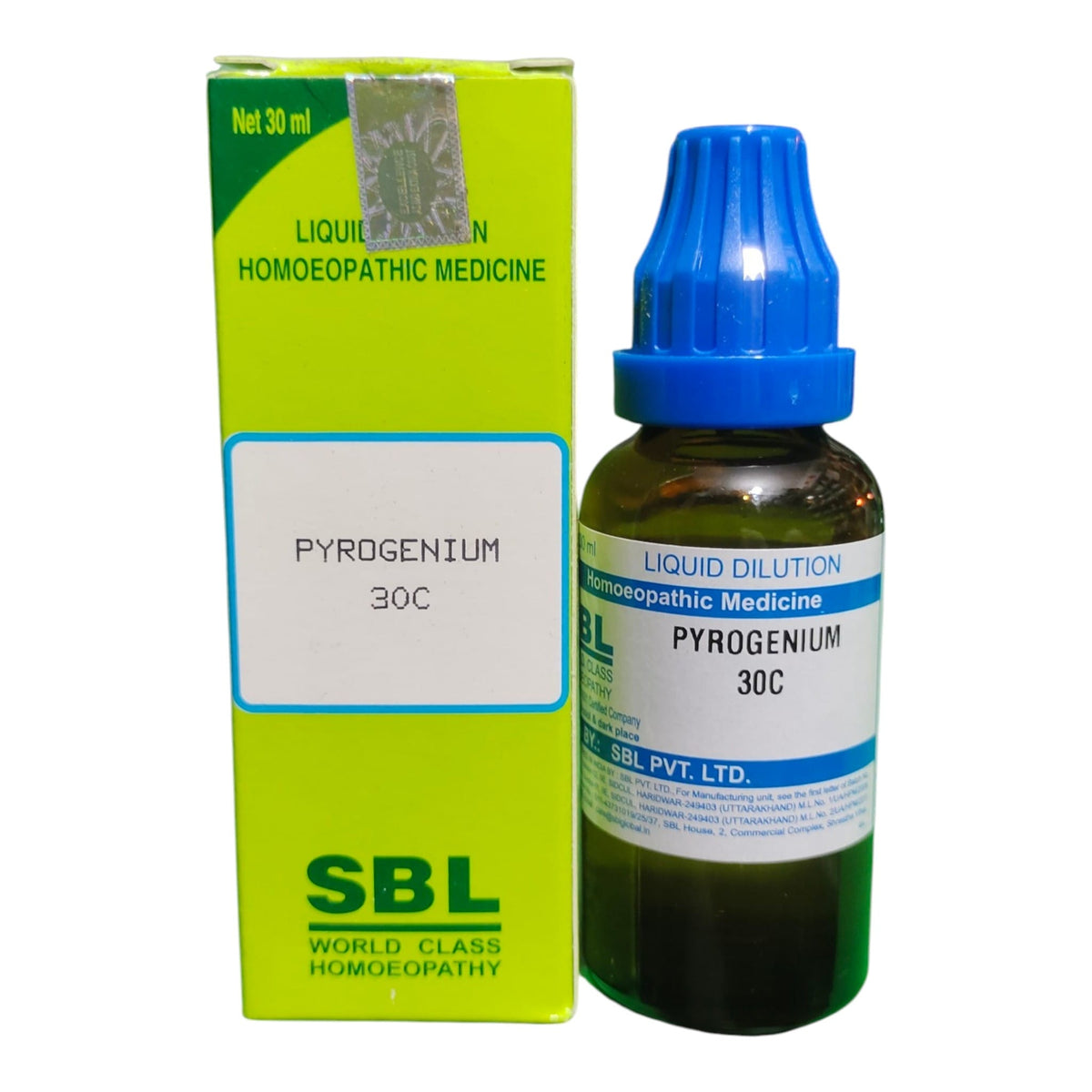 SBL World Class Homoeopathy Liquid Dilution Pyrogenium 30C homeopathic medicine bottle with a blue dropper cap next to its lime green cardboard packaging box.