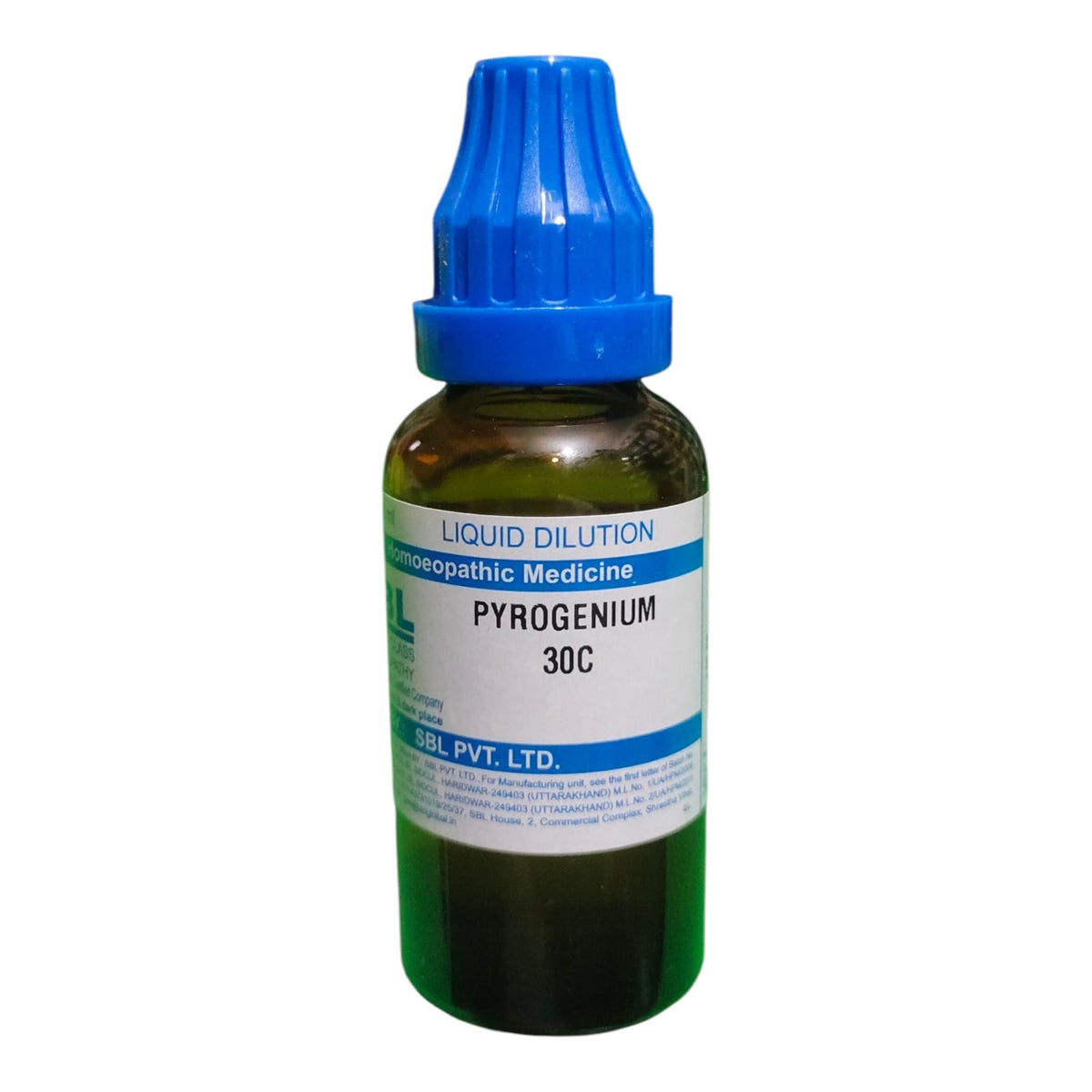 A bottle of homeopathic liquid medicine labeled 'PYROGENIUM 30C' by GSL, featuring a dark amber glass bottle, a white label with blue text, and a bright blue dropper cap, set against a plain white background.