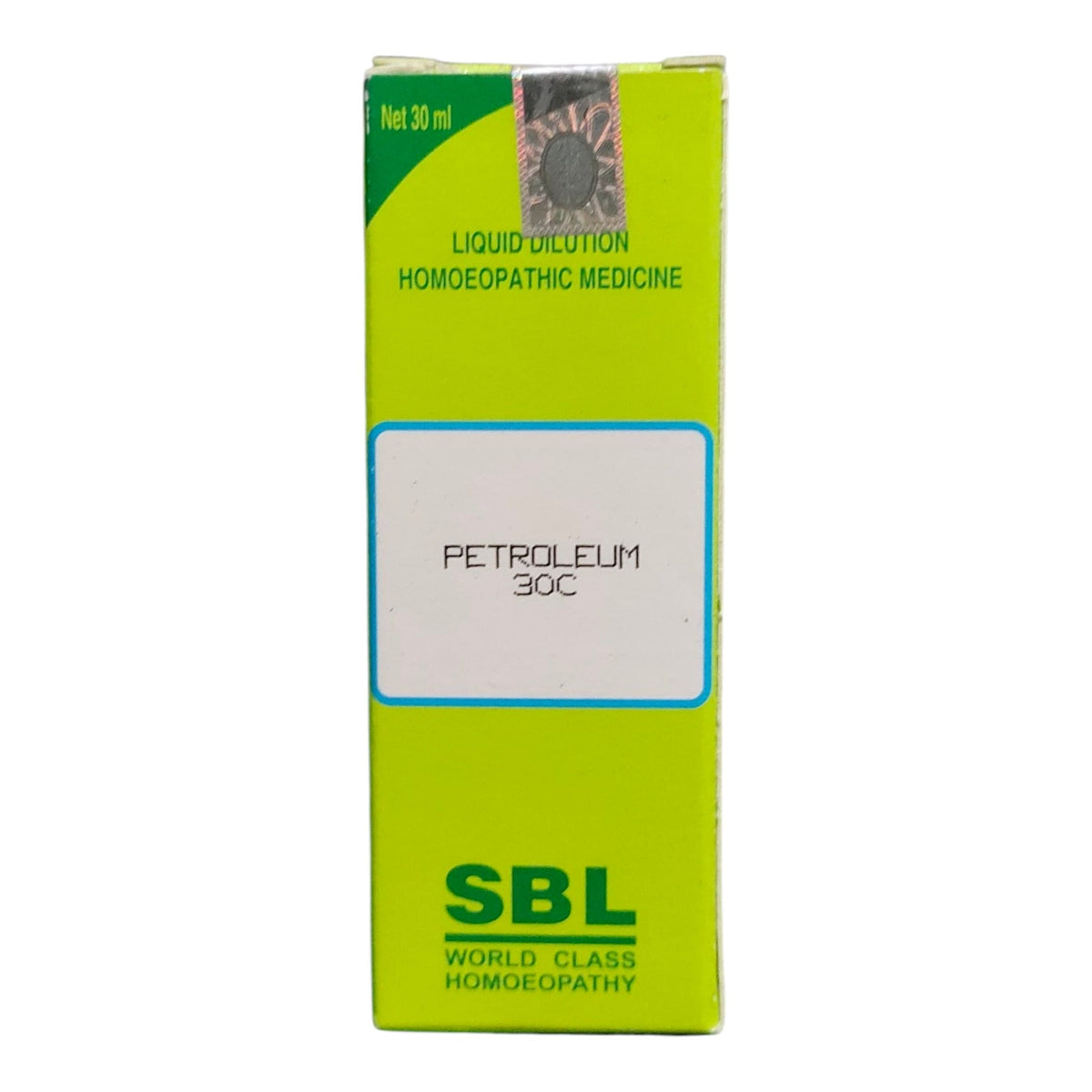 A 30 ml box of SBL Petroleum 30C liquid dilution homeopathic medicine, featuring a bright lime green and white design with green text.