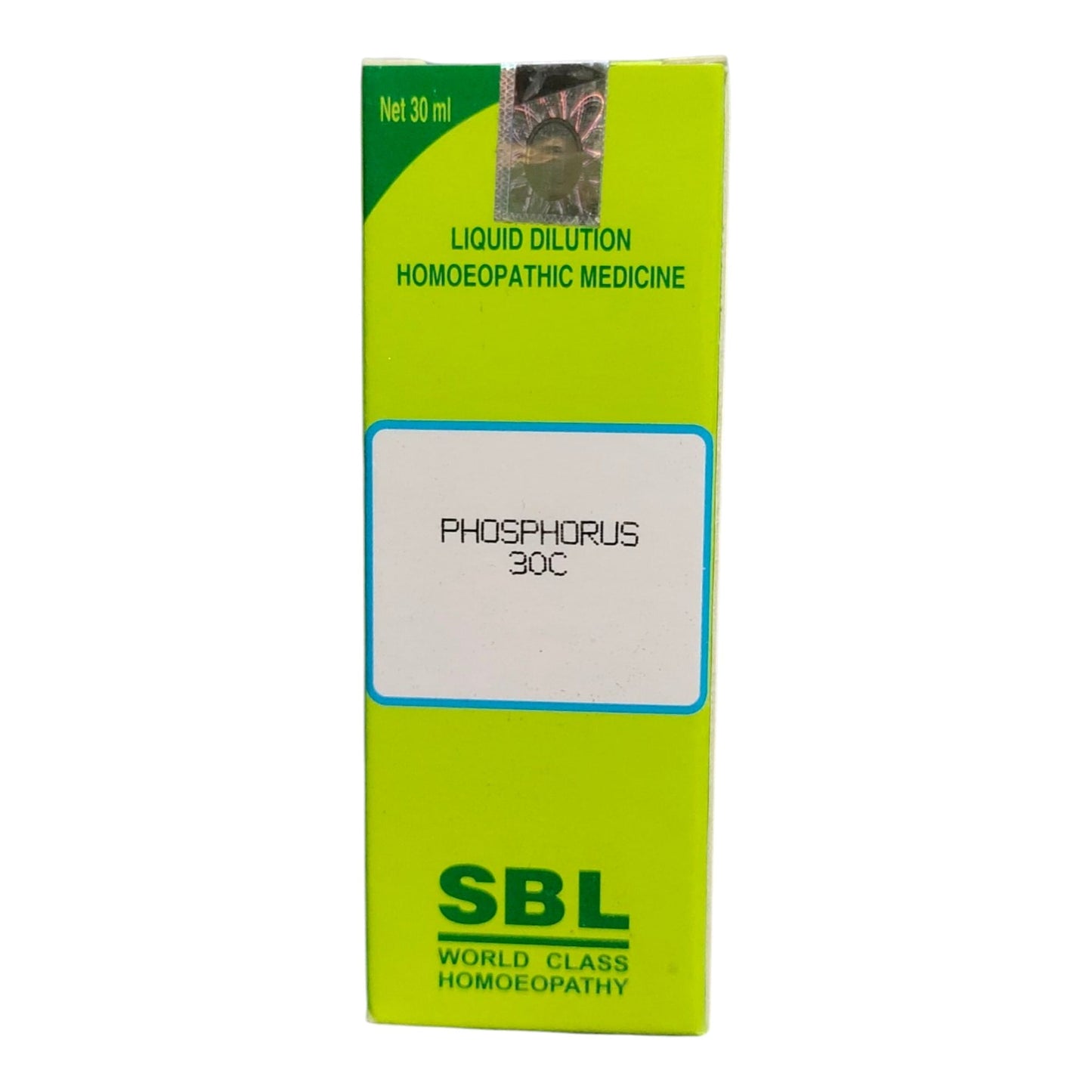 A green rectangular box of SBL Liquid Dilution Homoeopathic Medicine, Phosphorus 30C, on a plain white background.