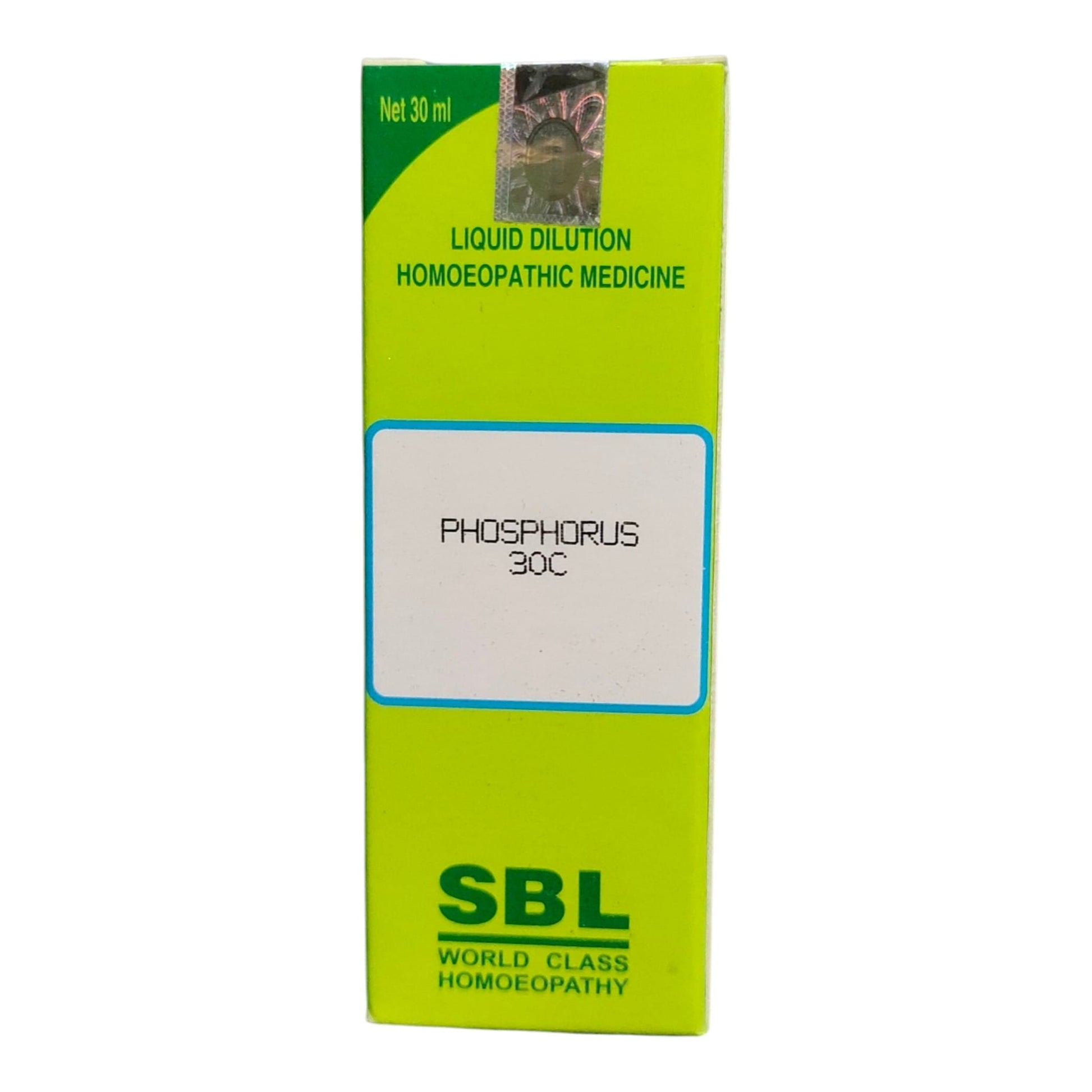 A green rectangular box of SBL Liquid Dilution Homoeopathic Medicine, Phosphorus 30C, on a plain white background.