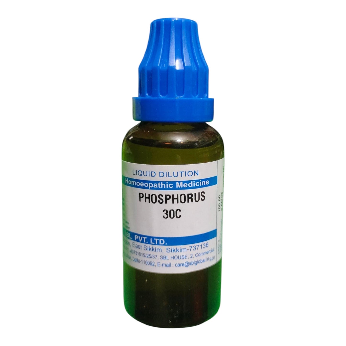 A small amber glass dropper bottle of Phosphorus 30C homeopathic medicine with a blue cap and a white label, shown on a plain white background.