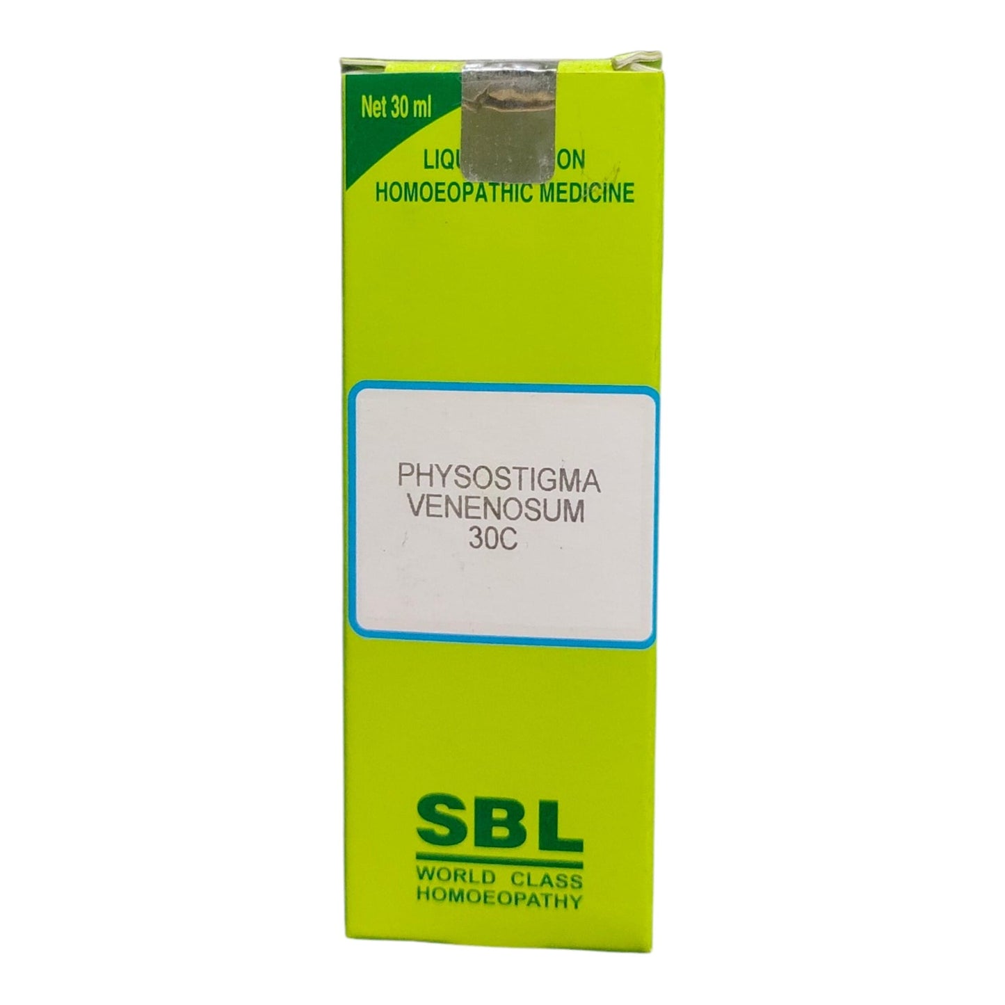 A bright lime green box of SBL Physostigma Venenosum 30C homeopathic medicine, featuring a white label in the center and green branding at the bottom.