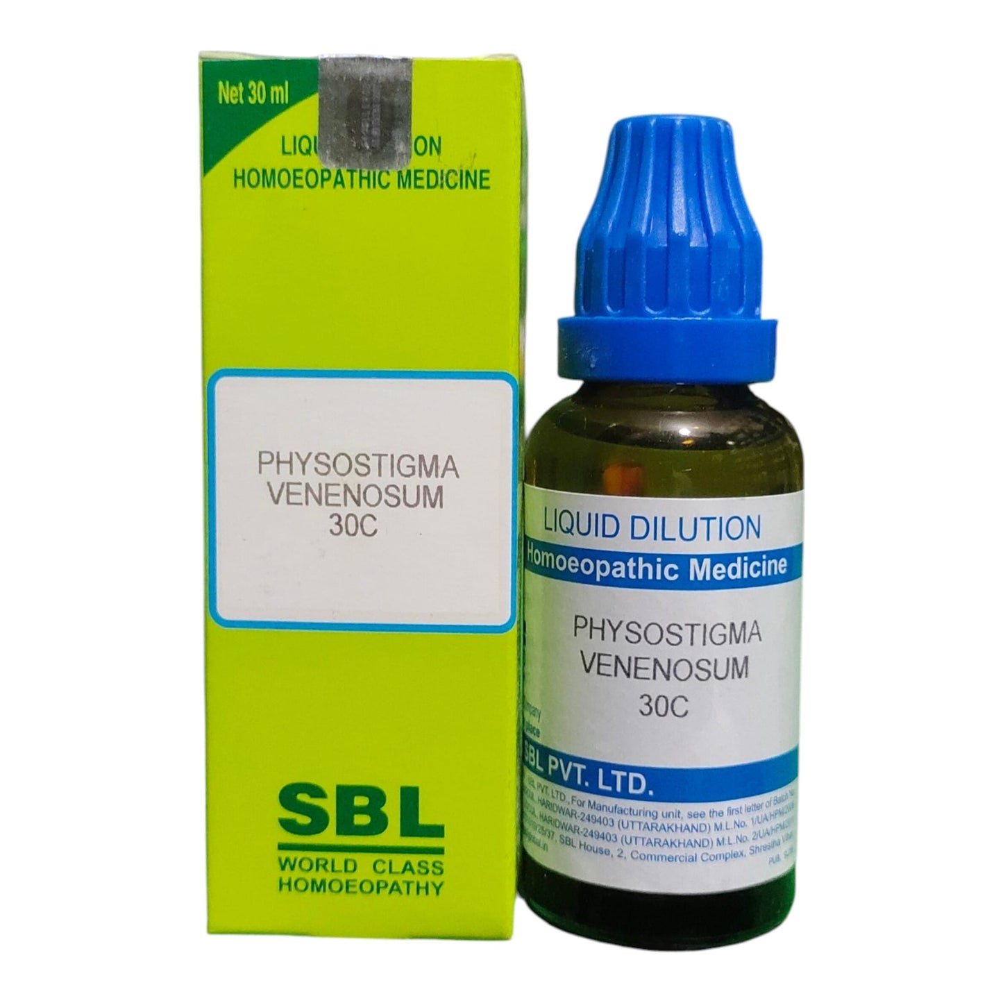 A bottle of SBL Physostigma Venenosum 30C homeopathic liquid next to its lime green packaging box, on a plain white background.