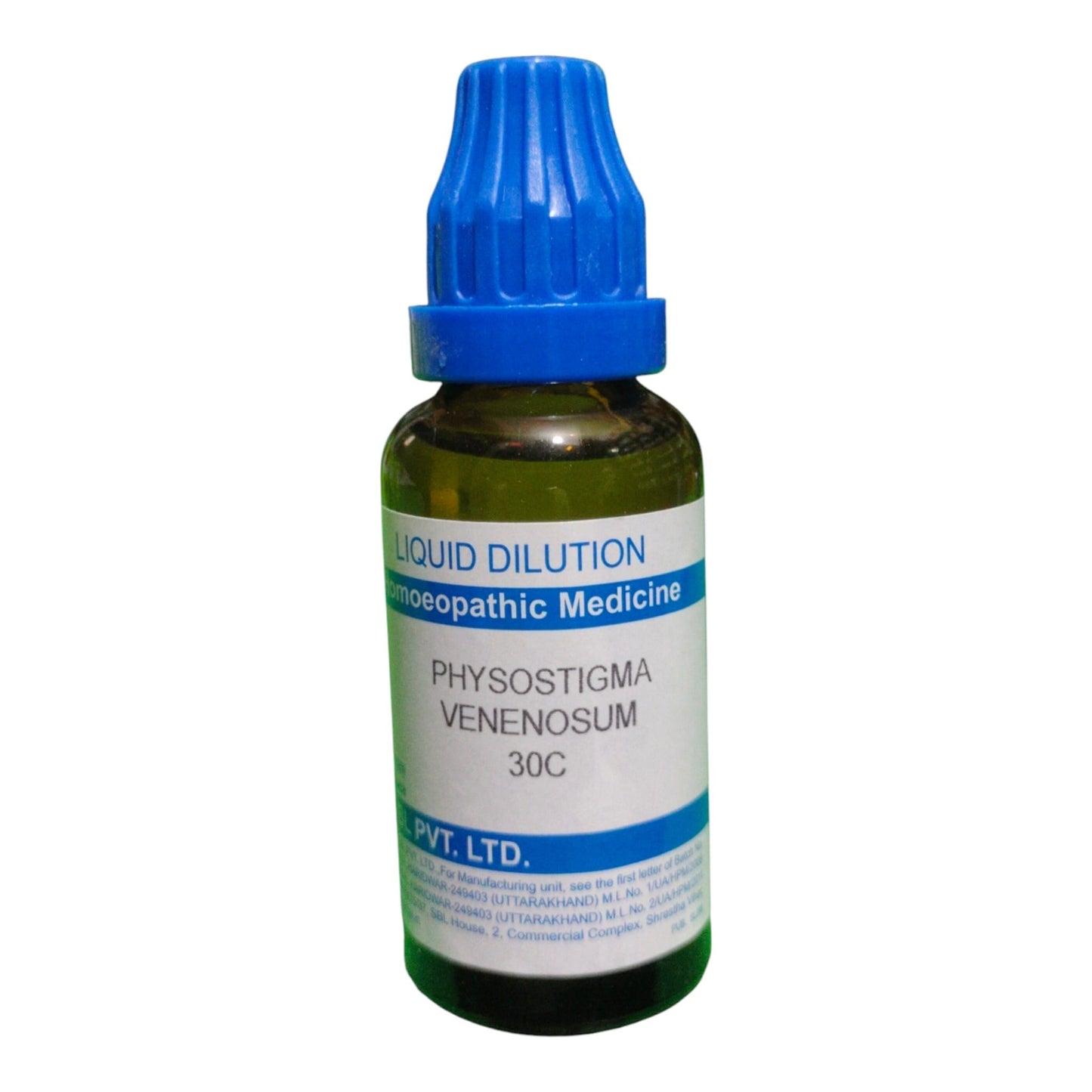 A small amber glass dropper bottle of liquid dilutionopathic medicine labeled 'Physostigma Venenosum 30C' with a blue cap, on a white background.