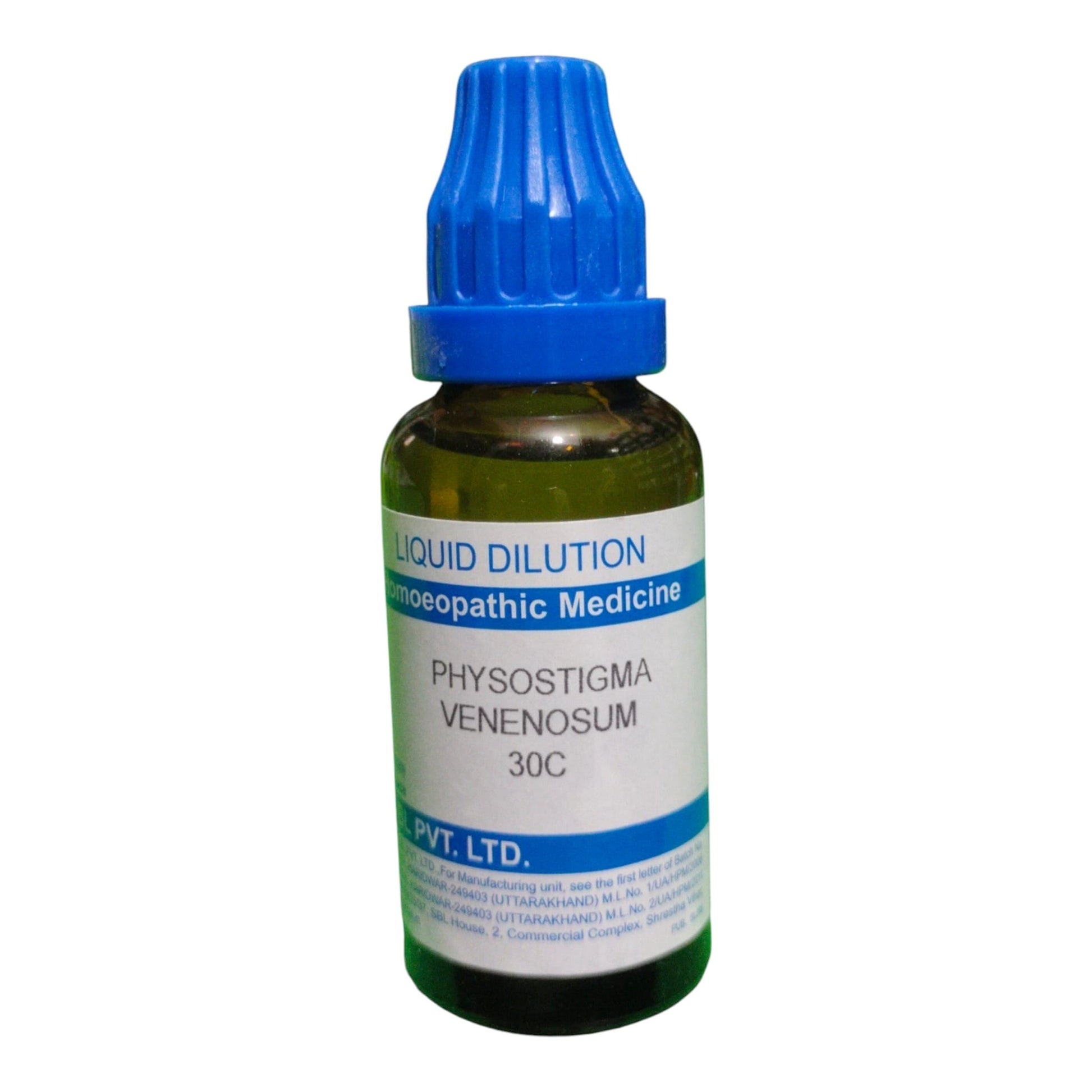 A small amber glass dropper bottle of liquid dilutionopathic medicine labeled 'Physostigma Venenosum 30C' with a blue cap, on a white background.