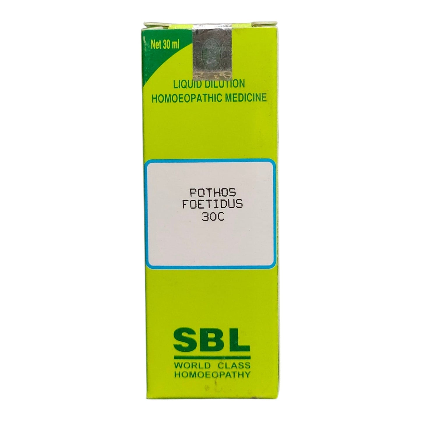 A 30 ml box of SBL Pothos Foetidus 30C liquid dilution homeopathic medicine, featuring a bright lime green and yellow-green packaging design with a white label in the center.