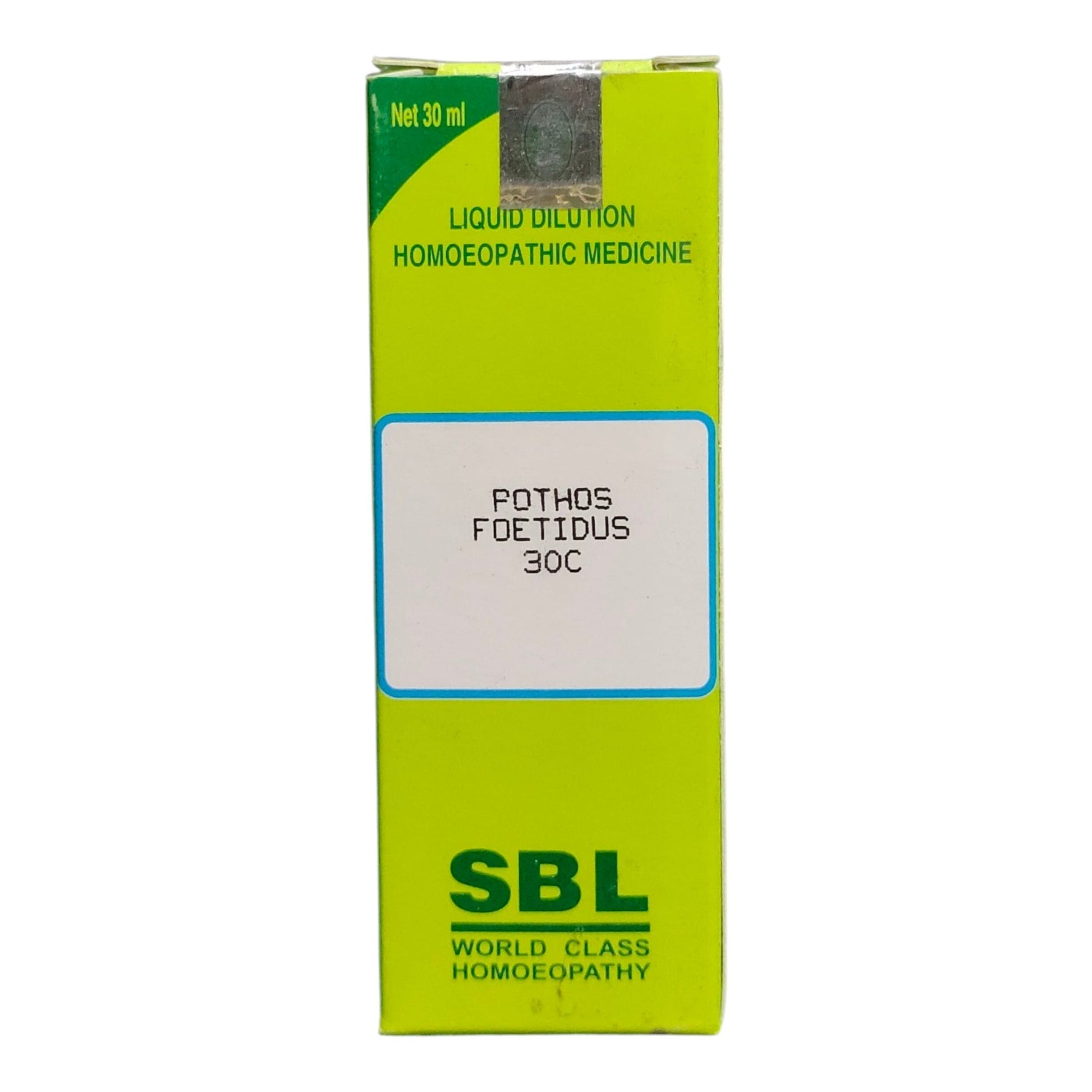 A 30 ml box of SBL Pothos Foetidus 30C liquid dilution homeopathic medicine, featuring a bright lime green and yellow-green packaging design with a white label in the center.