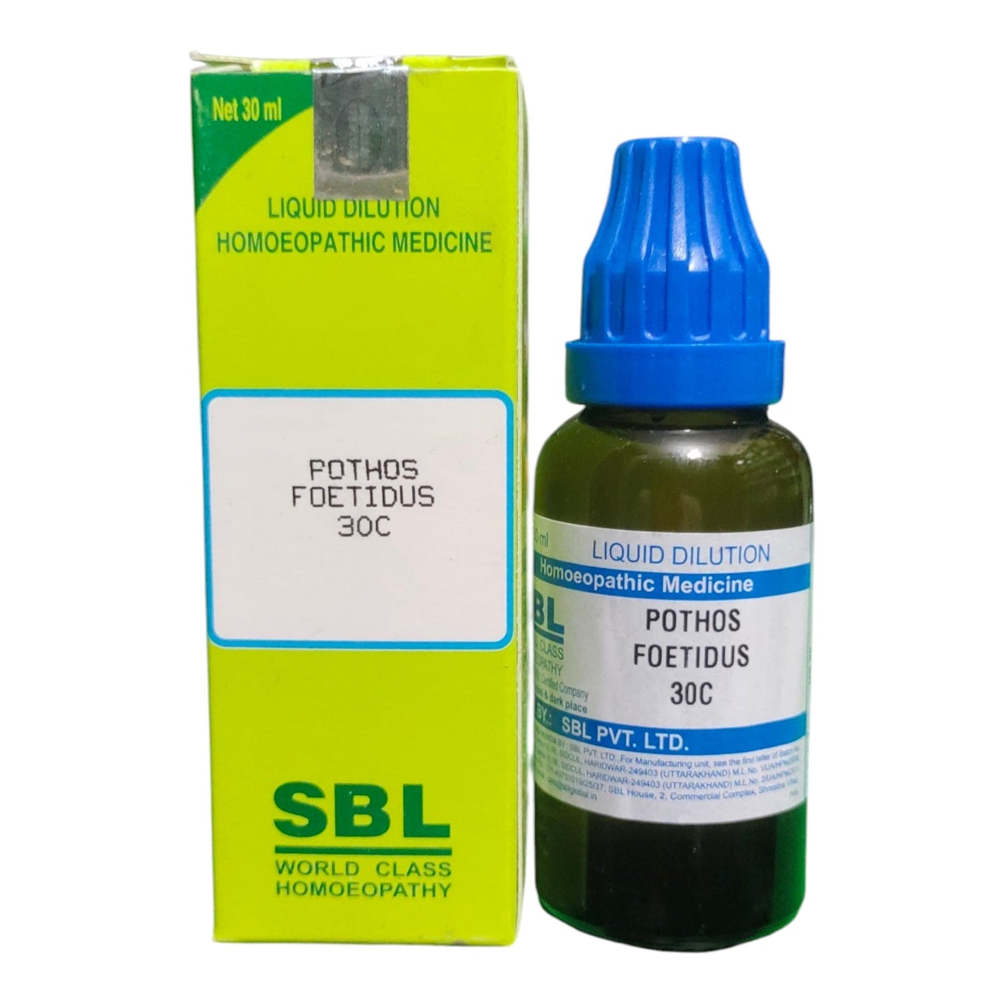 A bottle of SBL World Class Homoeopathy Pothos Foetidus 30C liquid medicine next to its lime green and white cardboard box, on a plain white background.