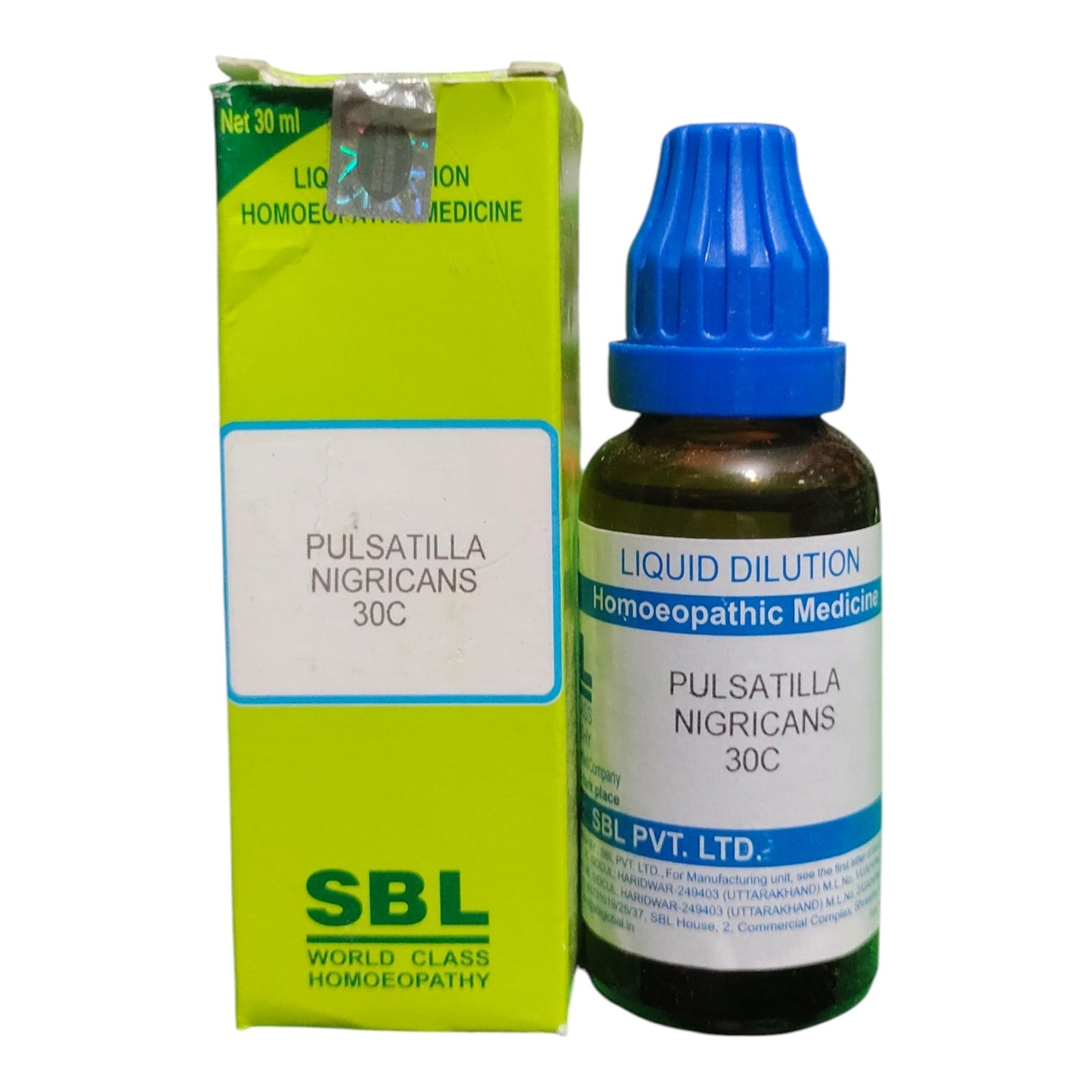 SBL Pulsatilla Nigricans 30C liquid dilution homeopathic medicine shown with its lime green box and dark glass bottle with a blue cap on a white background.