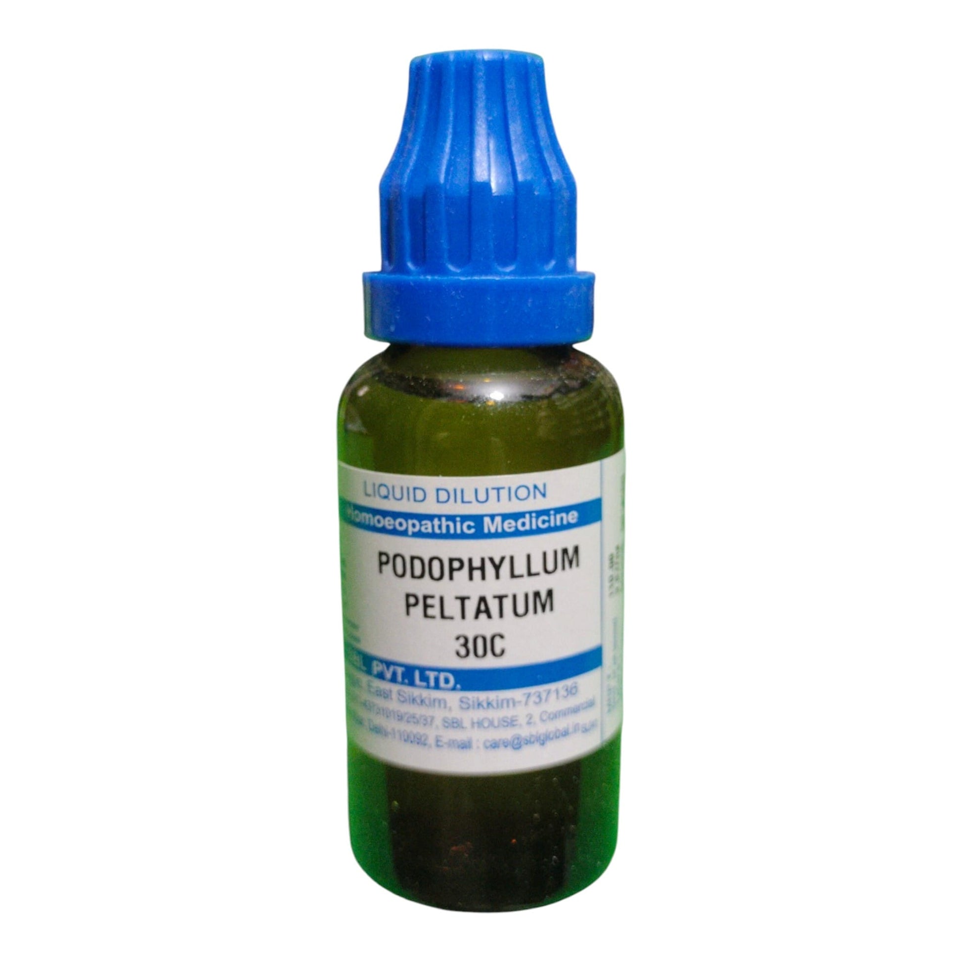 A small glass dropper bottle of homeopathic medicine labeled 'PODOPHYLLUM PELTATUM 30C' with a blue cap, on a plain white background.