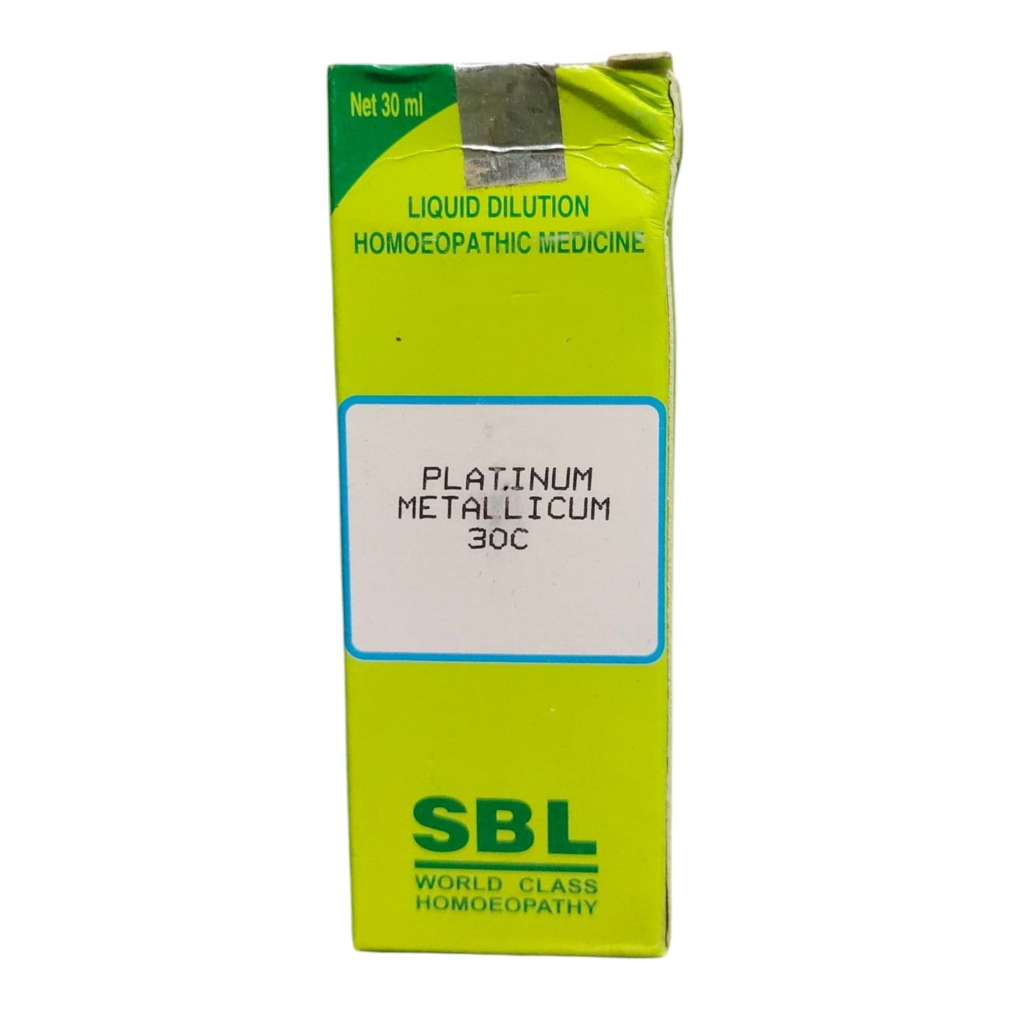 A 30 ml box of SBL Platinum Metallicum 30C liquid dilution homeopathic medicine, featuring a bright lime green and yellow-green design with a white label in the center.