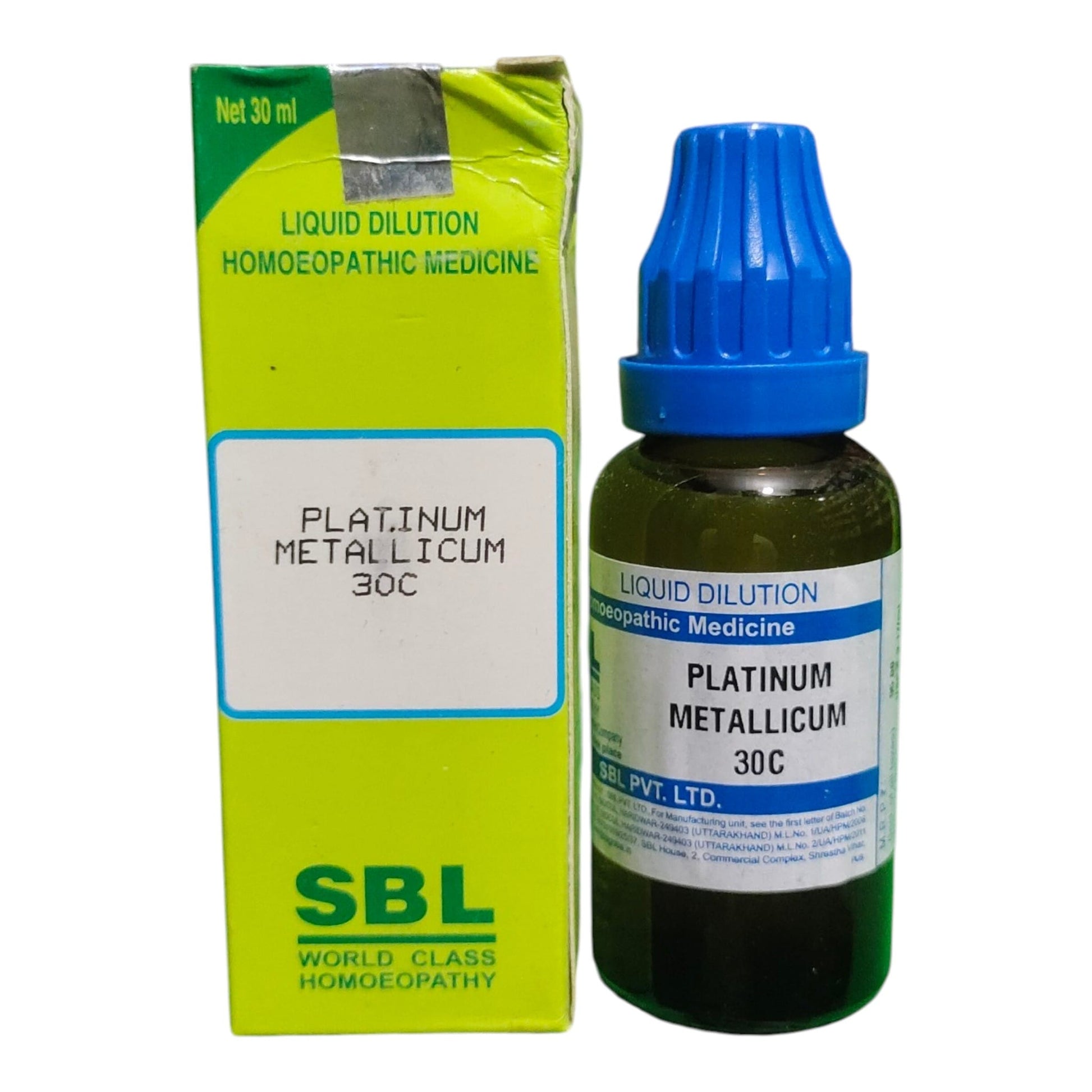 A bottle of SBL Platinum Metallicum 30C homeopathic liquid alongside its lime green and white cardboard packaging box, set against a plain white background.