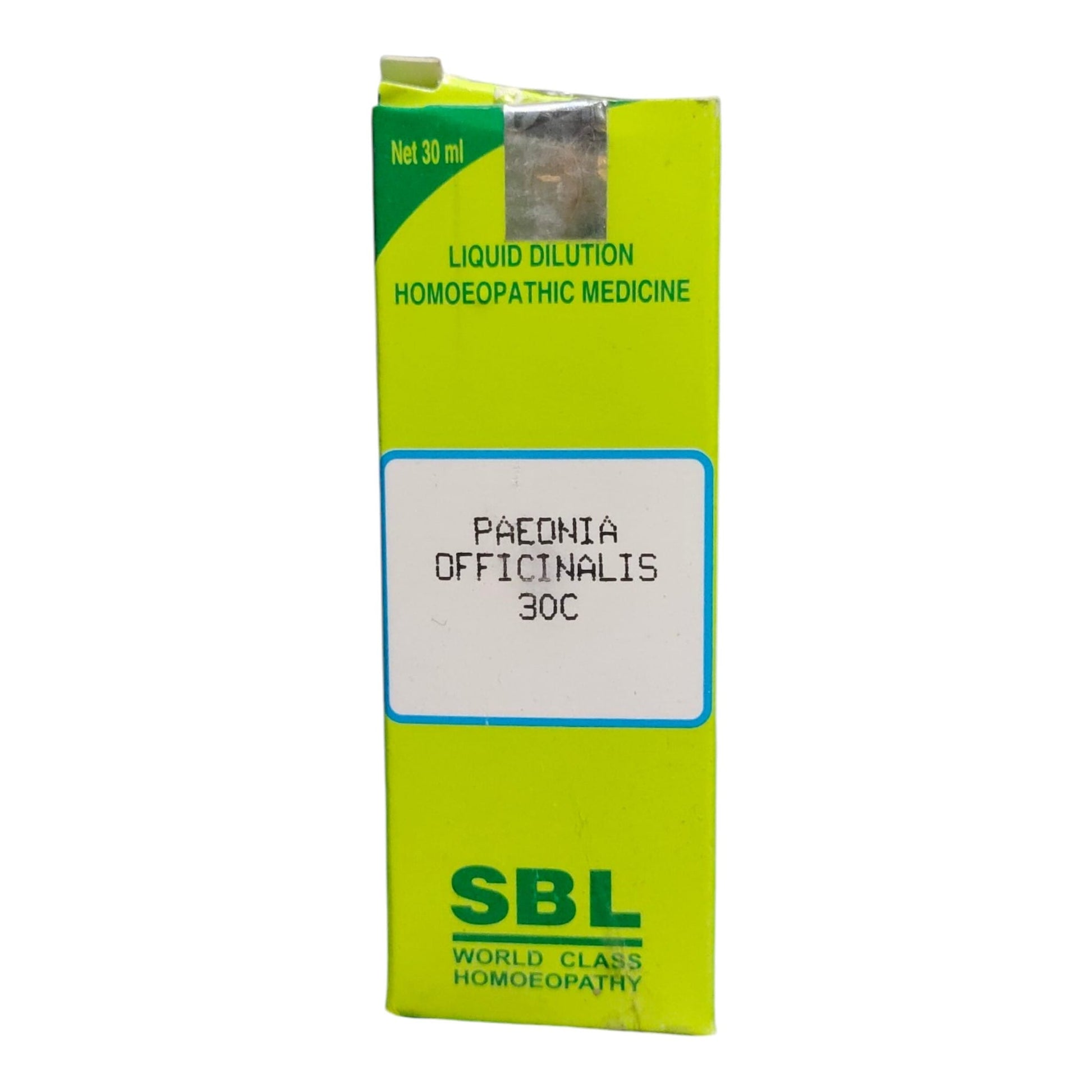 A lime green cardboard box of SBL Liquid Dilution Homeopathic Medicine, labeled 'Paedonia Officialis 30C'.