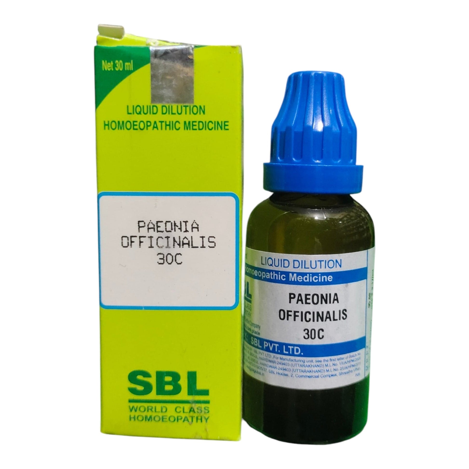 A bottle of SBL Paedonia Officialalis 30C liquid dilution homeopathic medicine next to its lime green and white cardboard packaging box, on a plain white background.