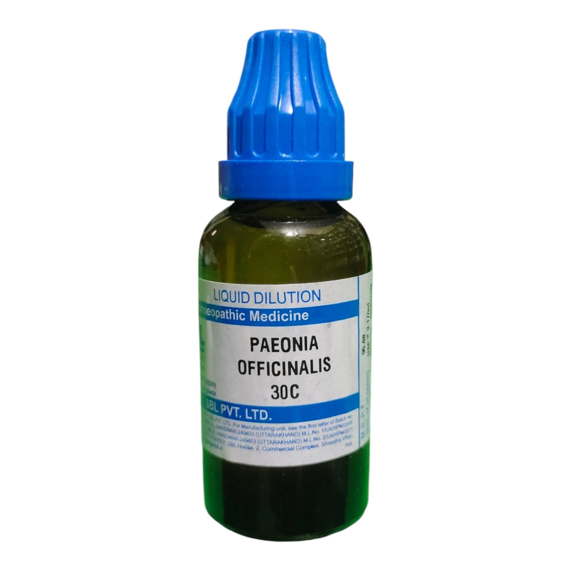 A small amber glass dropper bottle of liquid dilution with a blue cap and a white label reading 'PAEONIA OFFICINALIS 30C' and 'LIQUID DILUTION'.
