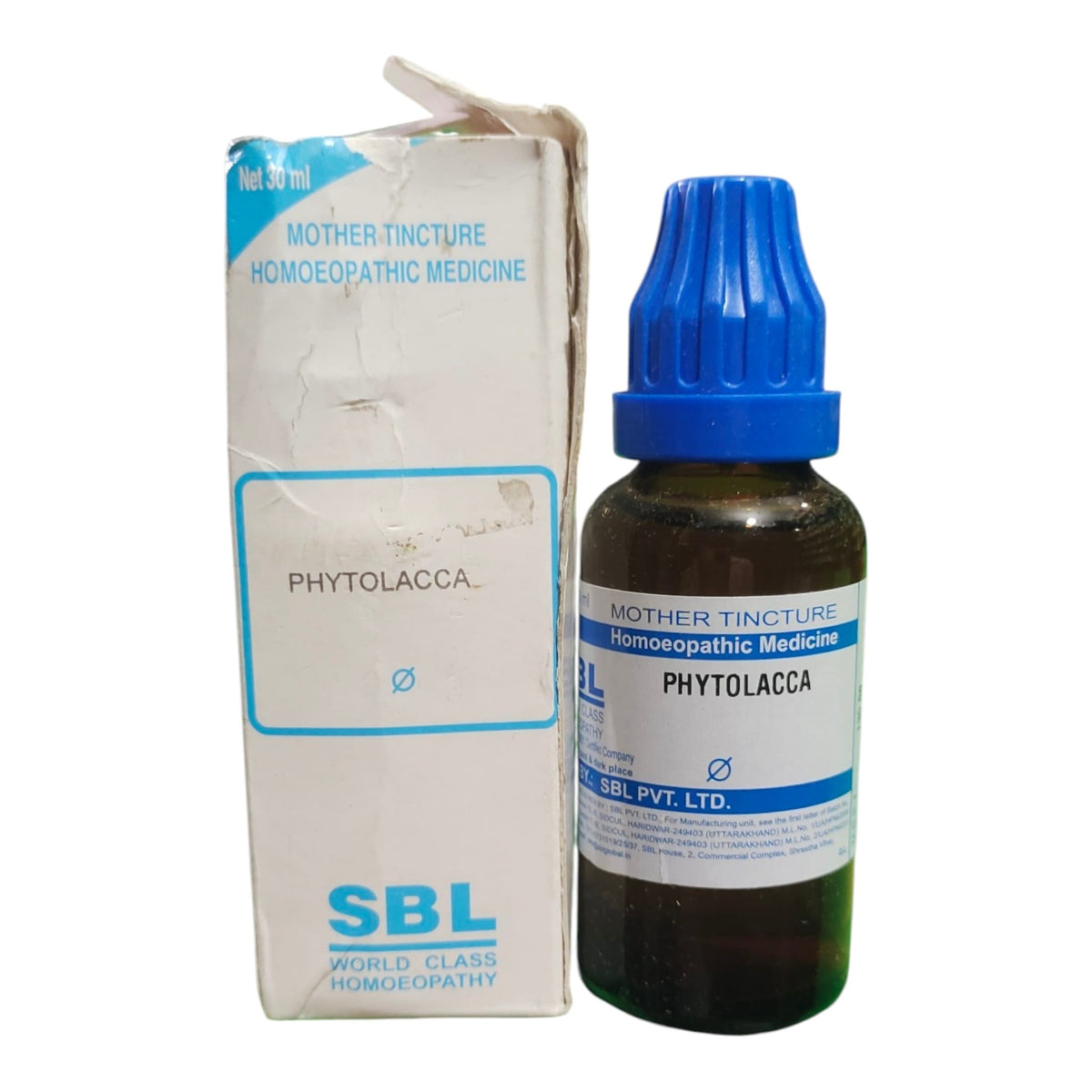 SBL Phytolacca Mother Tincture homeopathic medicine shown with its white cardboard box and a dark amber glass dropper bottle with a blue cap on a white background.