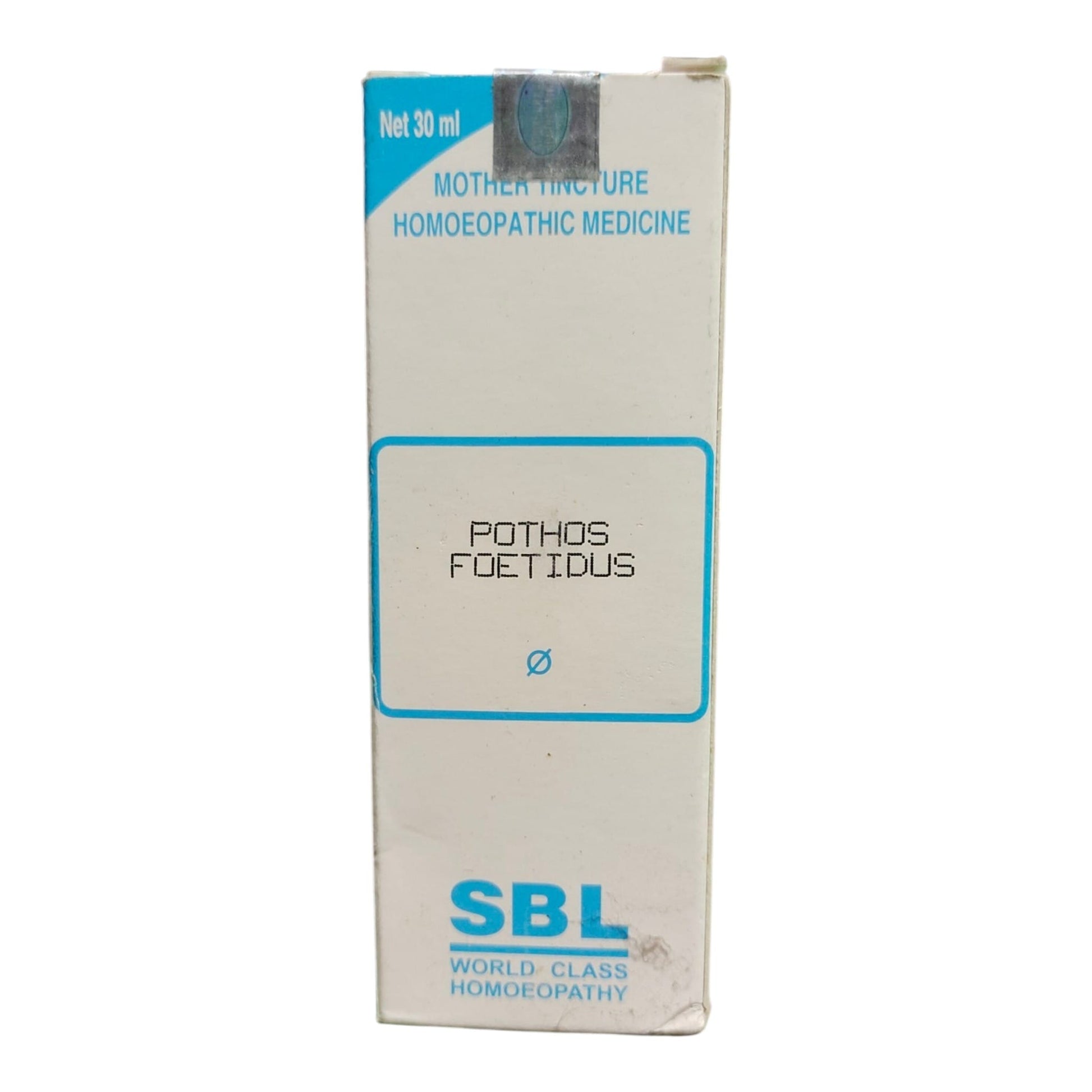 A tall white rectangular box of SBL Pothos Foeidus homeopathic medicine, featuring blue text and borders on a white background.