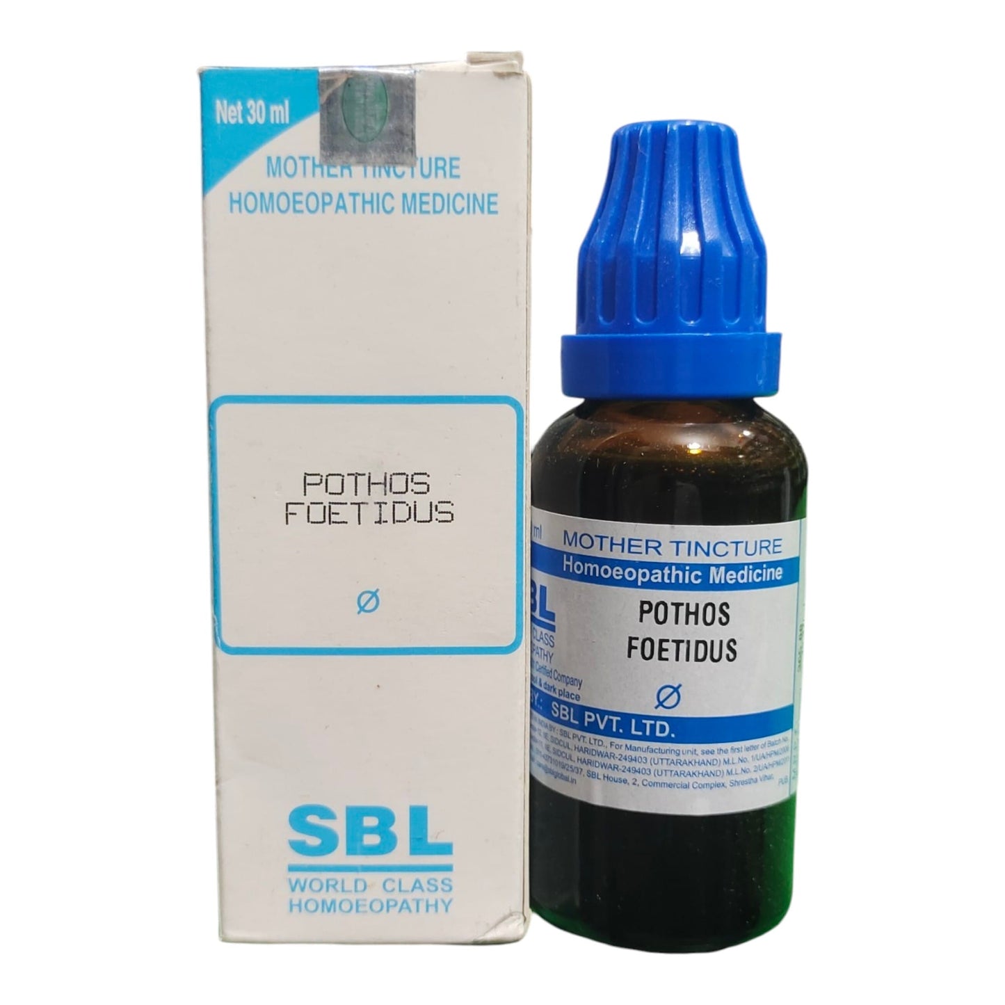 SBL Mother Tincture Pothos Foetidus homeopathic medicine, showing the dark amber glass bottle with a blue dropper cap next to its white cardboard packaging box with blue text.