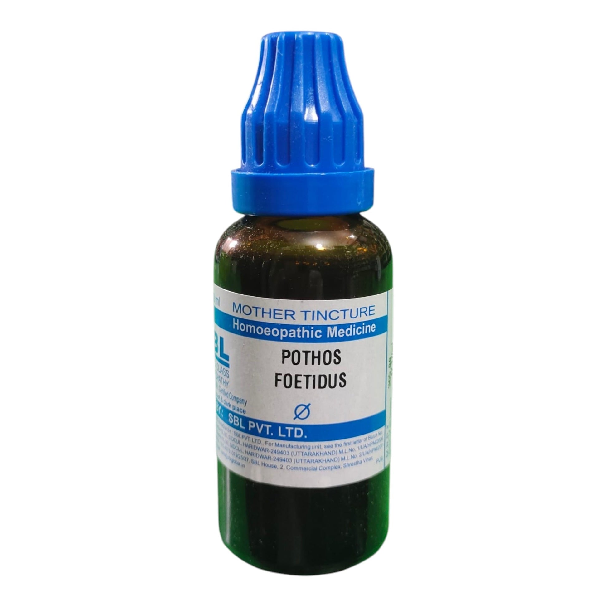 A bottle of Mother Tincture Pothos Foetidus homeopathic medicine by DEL. PVT.