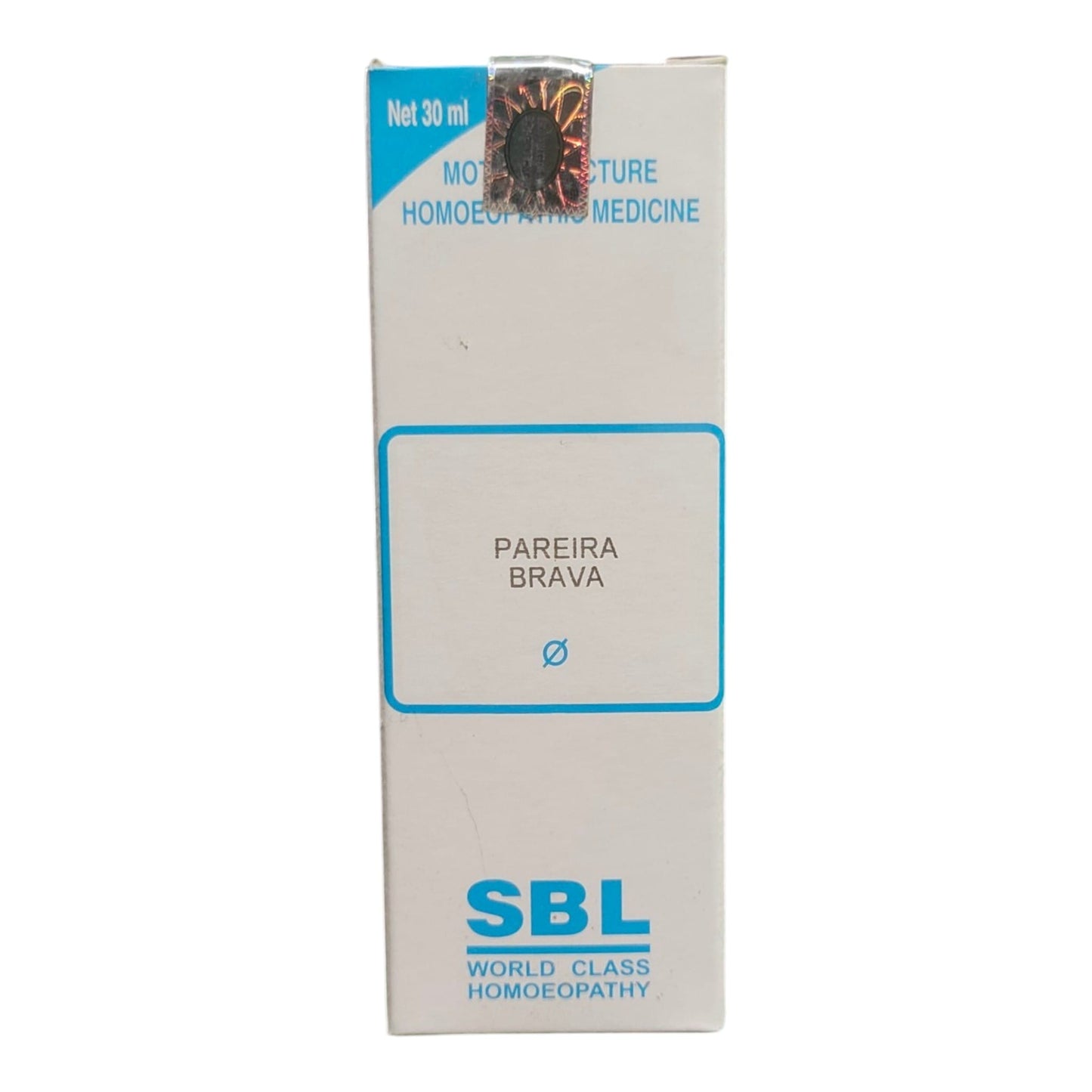 A 30 ml box of SBL Pareira Brava homeopathic medicine, featuring a white carton with blue text and border details, photographed against a plain white background.