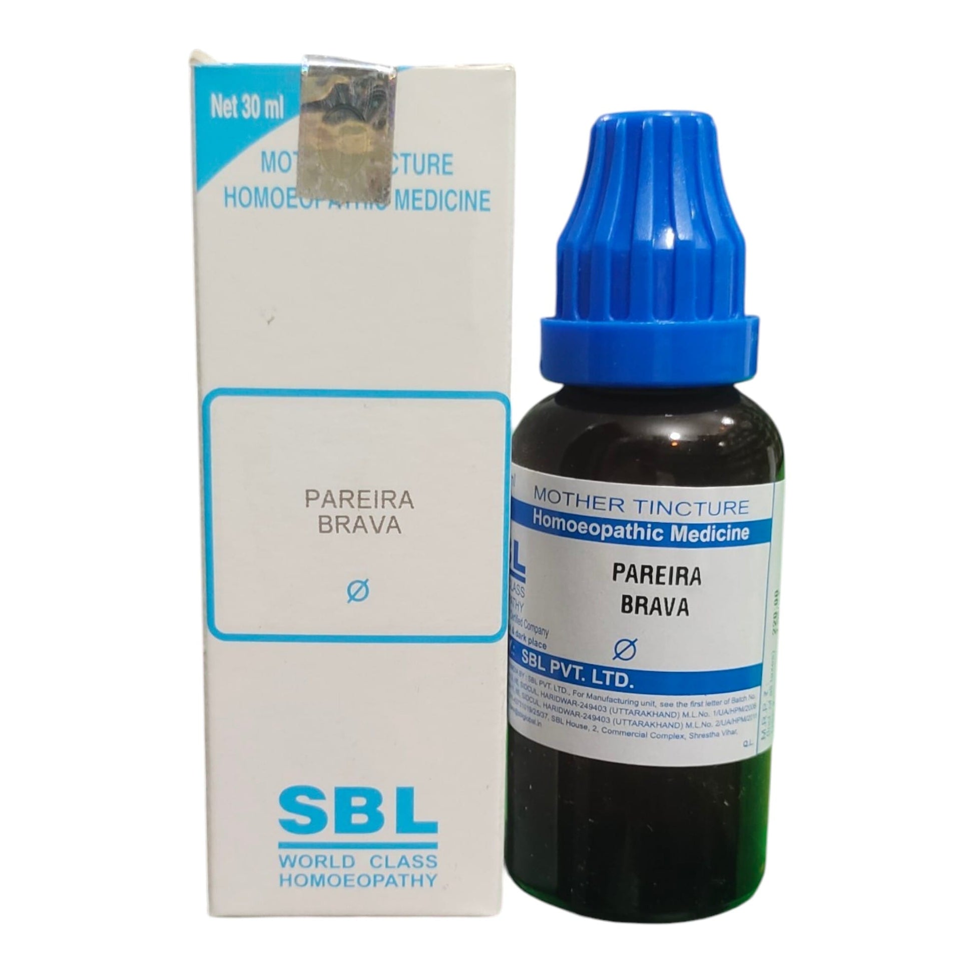 SBL World Class Homeopathic Medicine 'Pareira Brava' Mother Tincture in a 30ml dark amber bottle with a blue cap, shown next to its white cardboard packaging box with blue text and borders.