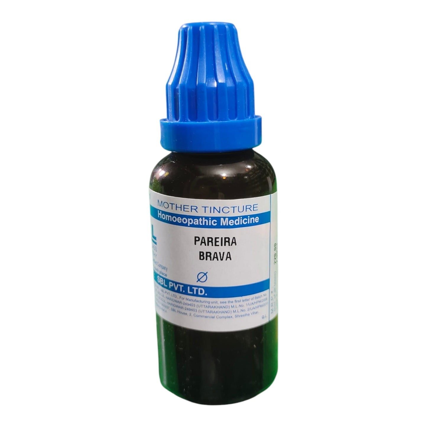 A dark amber glass bottle of Pareira Brava homeopathic medicine with a blue dropper cap and a white label, shown on a plain white background.