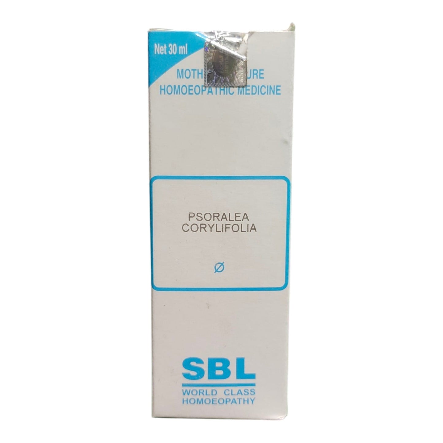 A white rectangular box of SBL Psoralea Corylfolia homeopathic medicine, featuring blue text and borders on a white background.