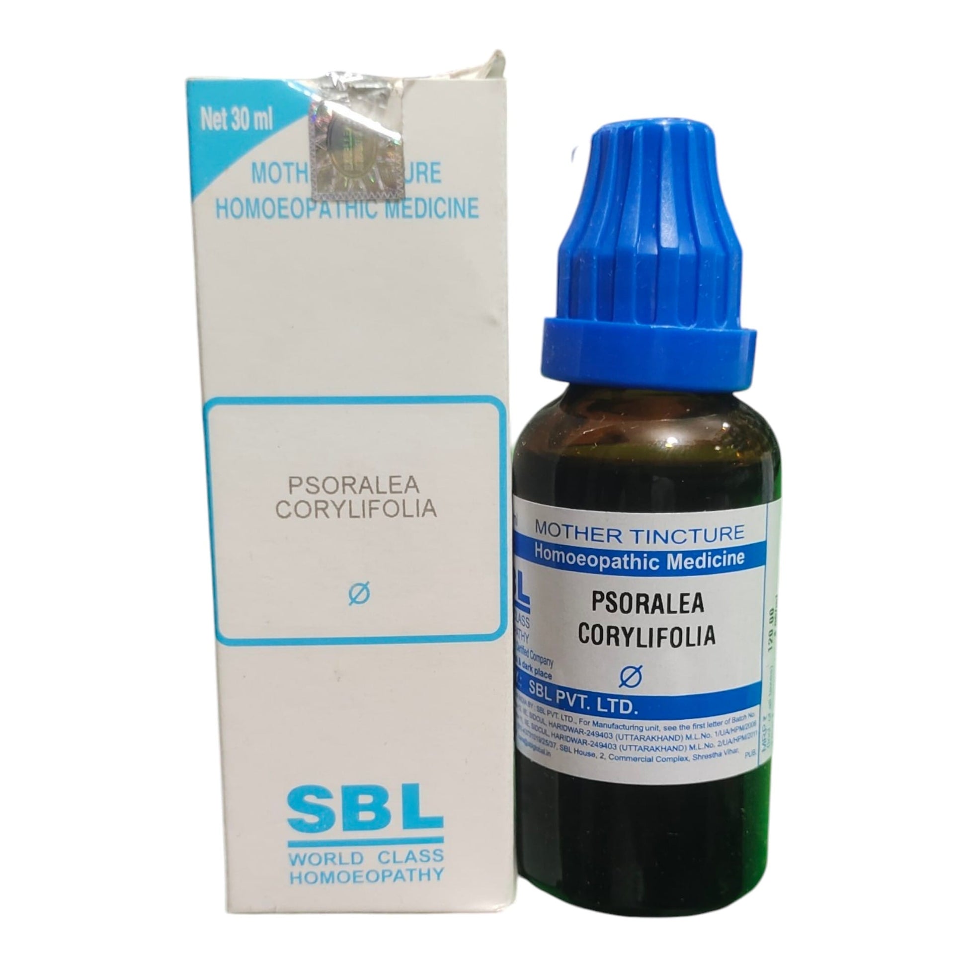 A bottle of SBL Mother Tincture Homoeopathic Medicine Psoralea Corylifolia next to its white cardboard packaging box with blue accents, on a white background.