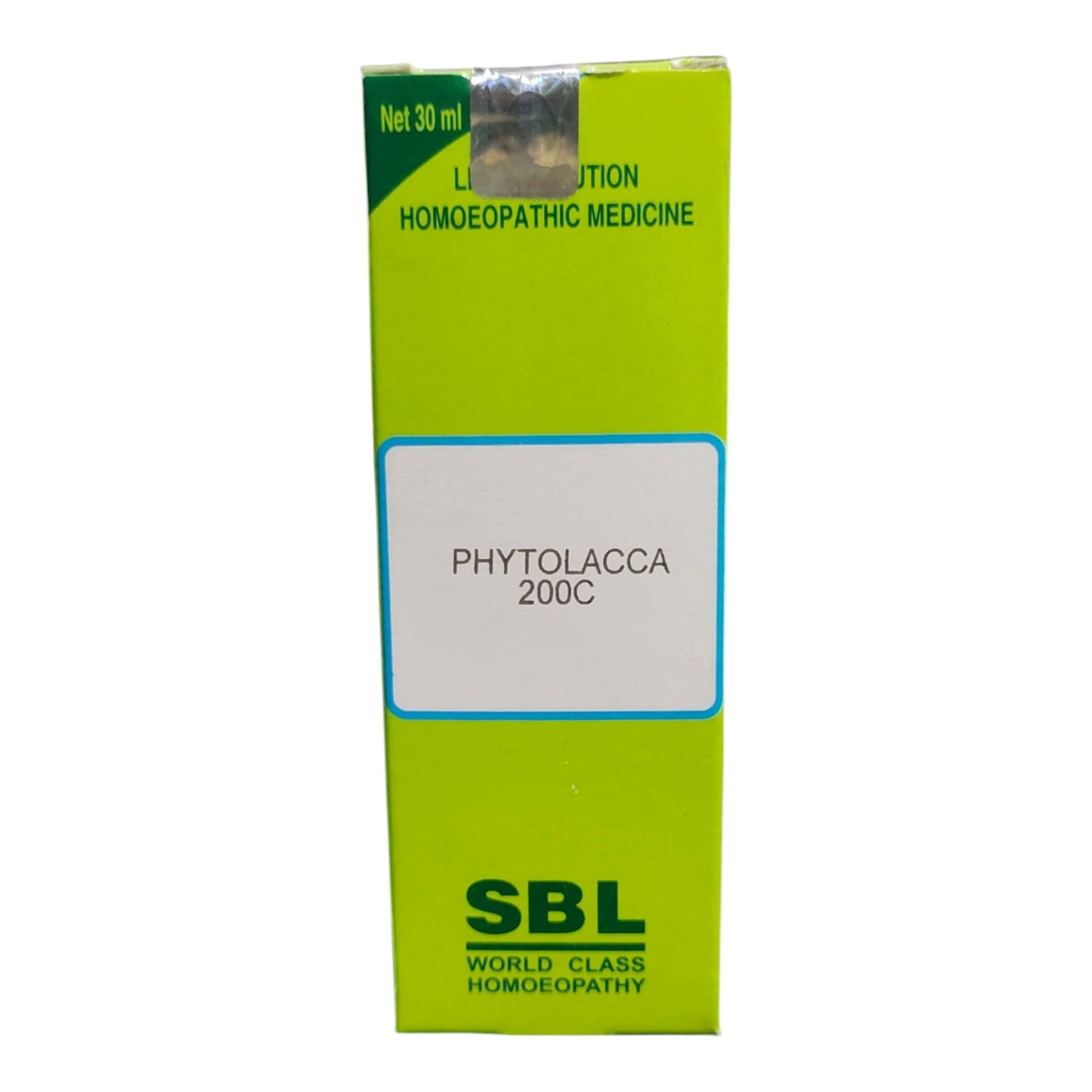 A green rectangular box of SBL Phytolacca 200C homeopathic medicine, featuring a white label in the center and dark green text, set against a plain white background.
